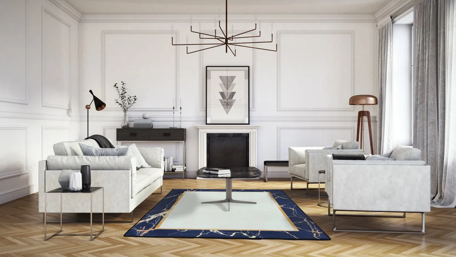 Tapis Wilton - Cerasia (bleu foncé/blanc/doré)