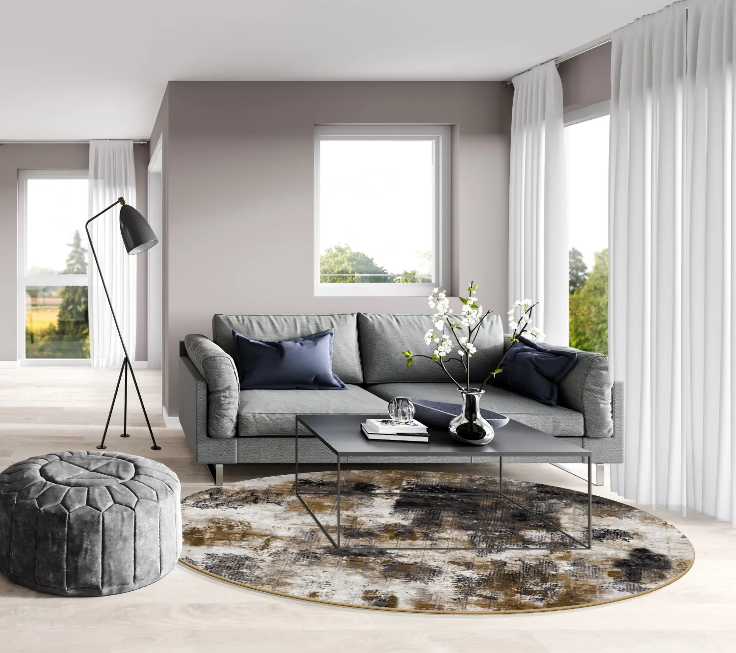 Tapis rond - Fleurs (noir/marron/blanc)