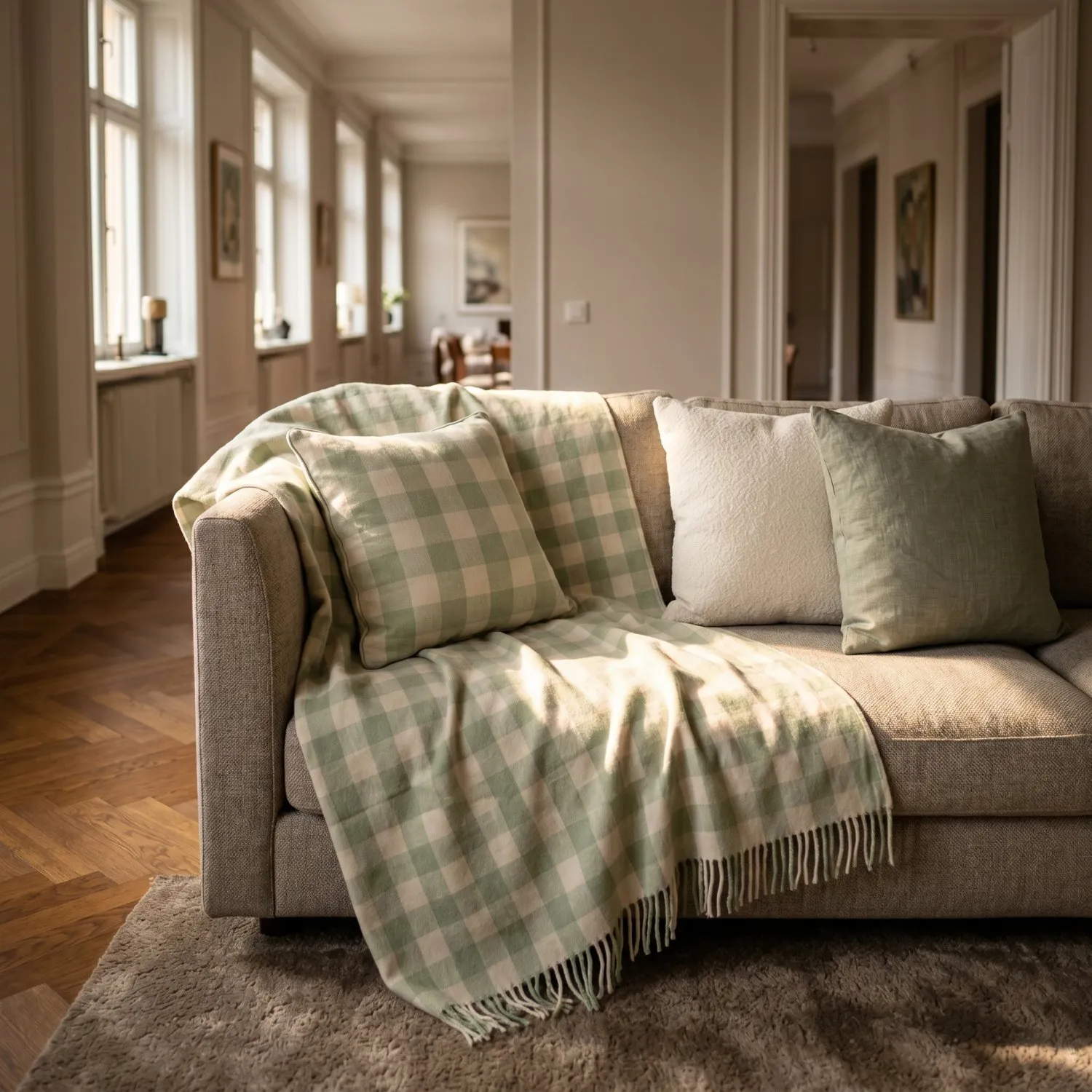 Taie d'oreiller - Isela check cotton cushion cover (crème/vert clair)