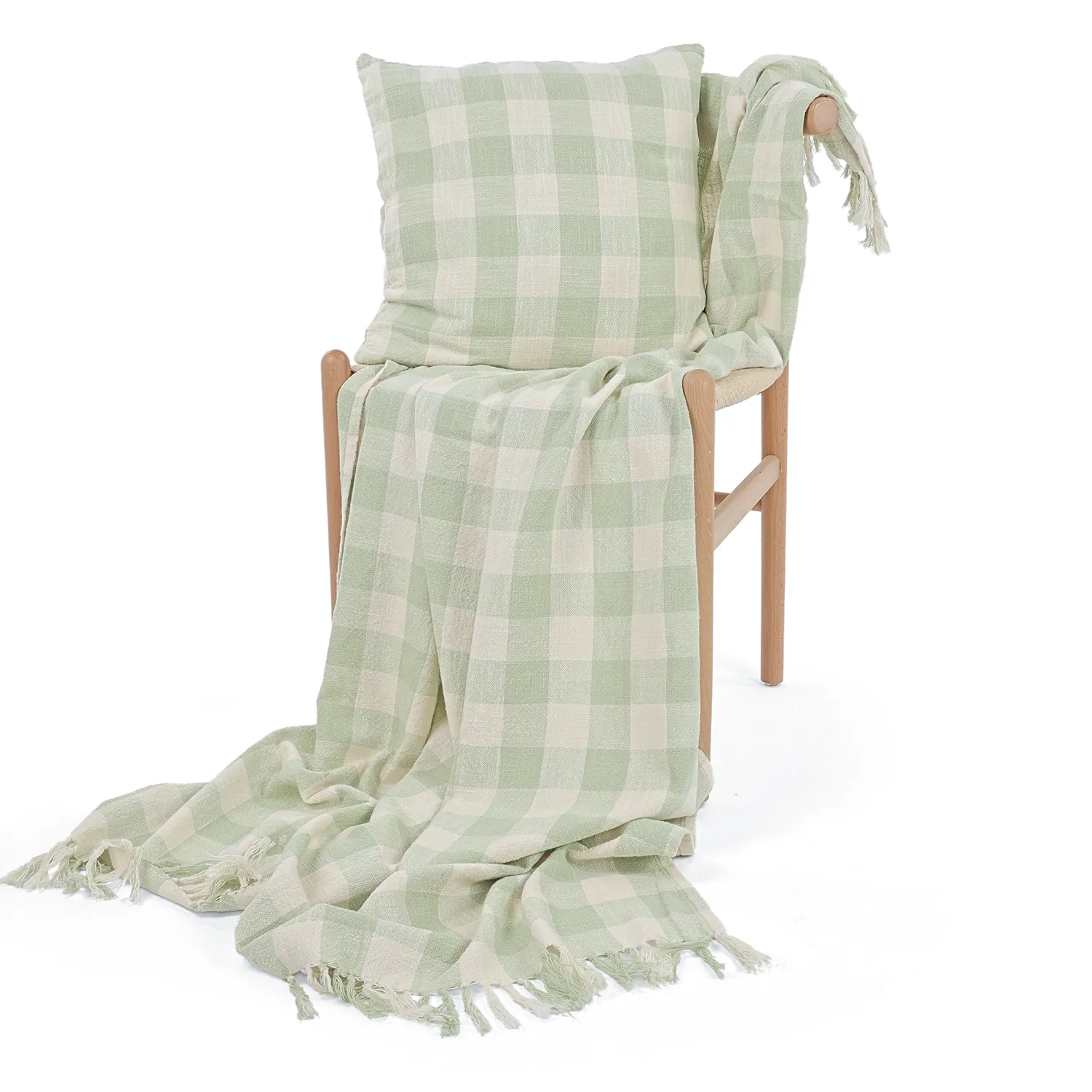 Taie d'oreiller - Isela check cotton cushion cover (crème/vert clair)