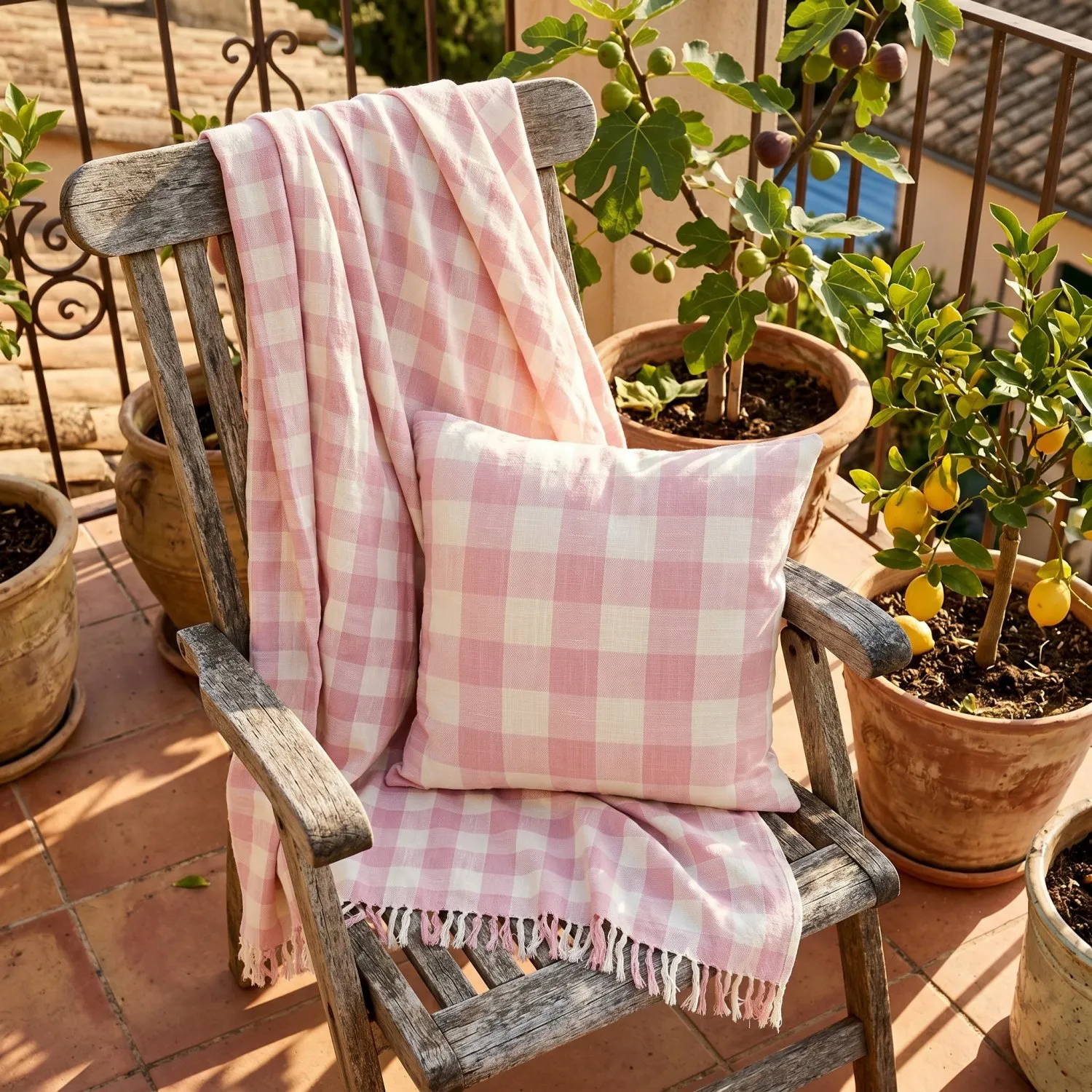 Taie d'oreiller - Isela check cotton cushion cover (crème/rose)