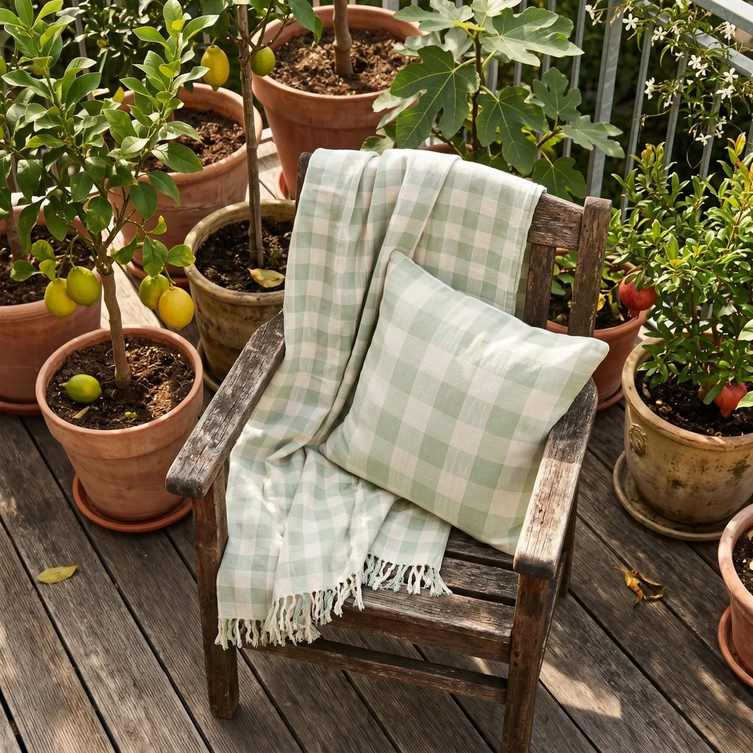 Couvertures - Isela check cotton throw (crème/vert clair)