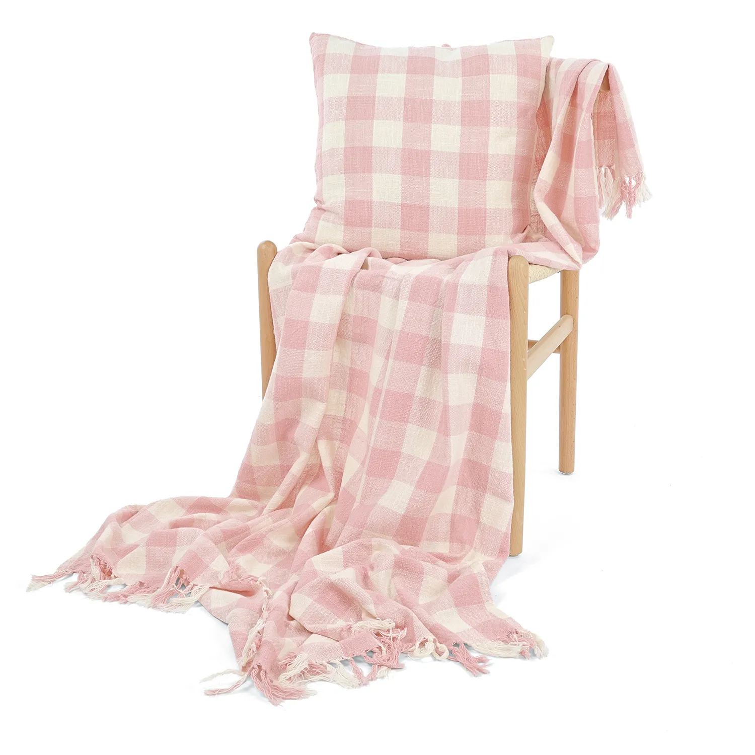 Couvertures - Isela check cotton throw (crème/rose)