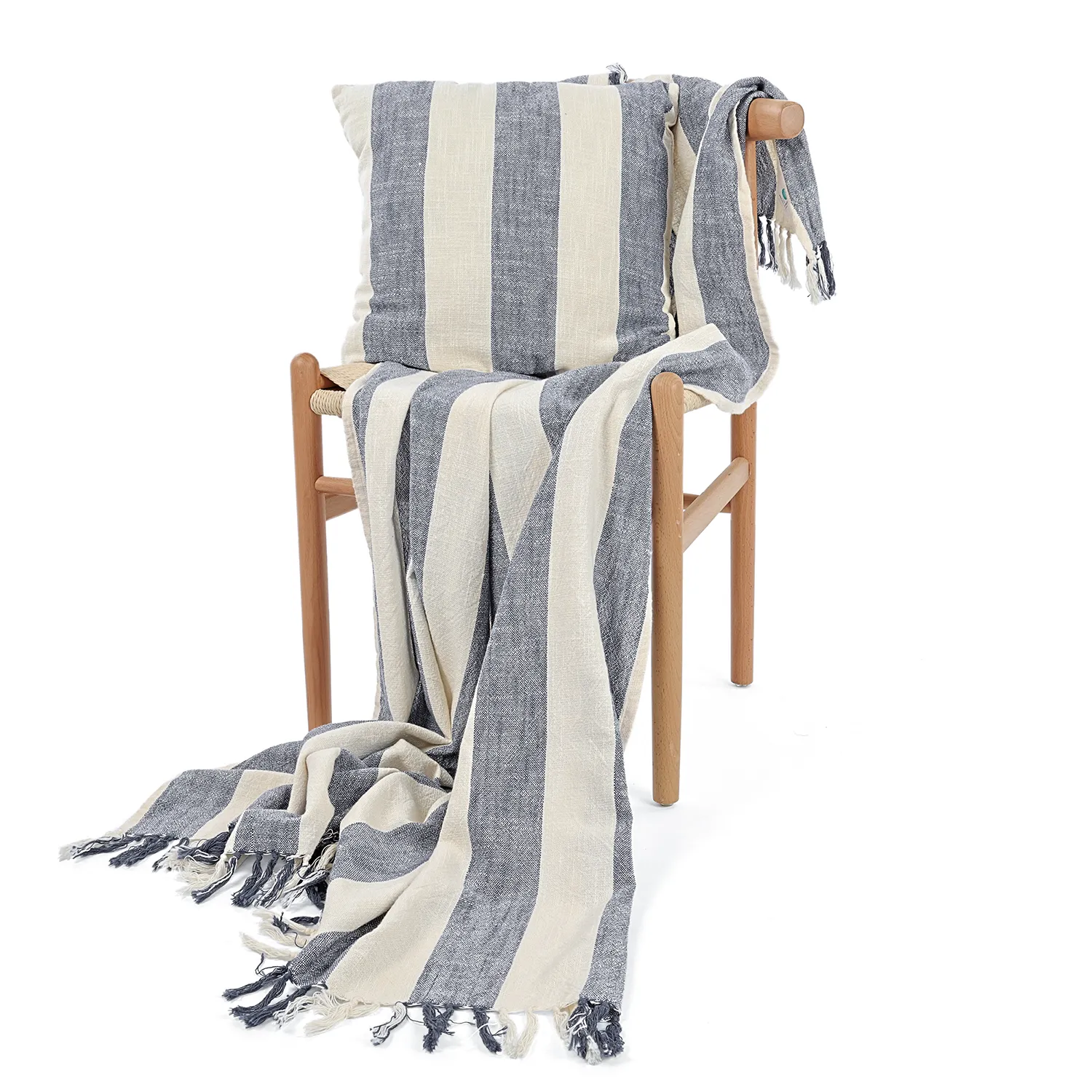 Couvertures - Kora stripe cotton throw (crème/marine)