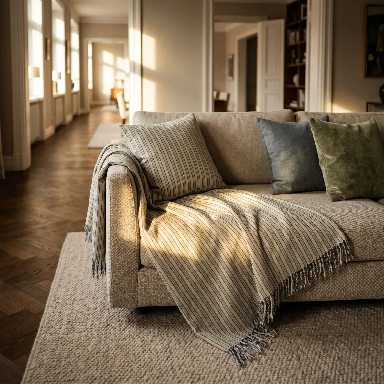 Taie d'oreiller - Rumi stripe cotton cushion cover (crème/marine/vert clair)
