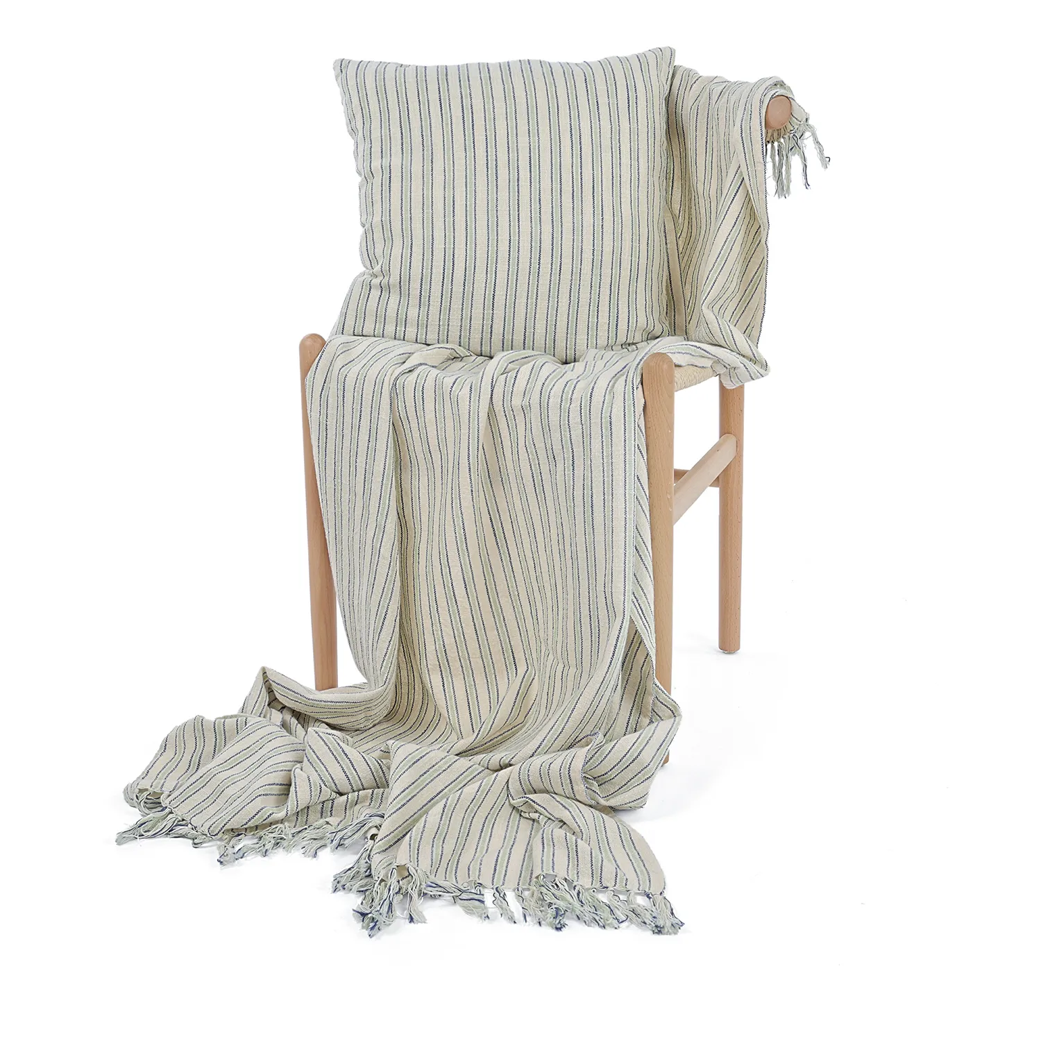 Couvertures - Rumi stripe cotton throw (crème/marine/vert clair)