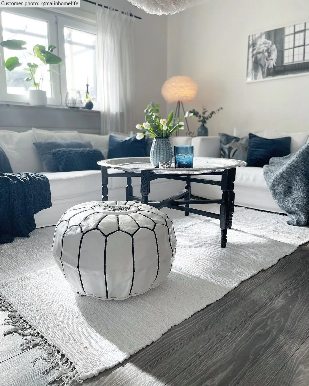 Pouf - Cuir marocain (blanc/noir)