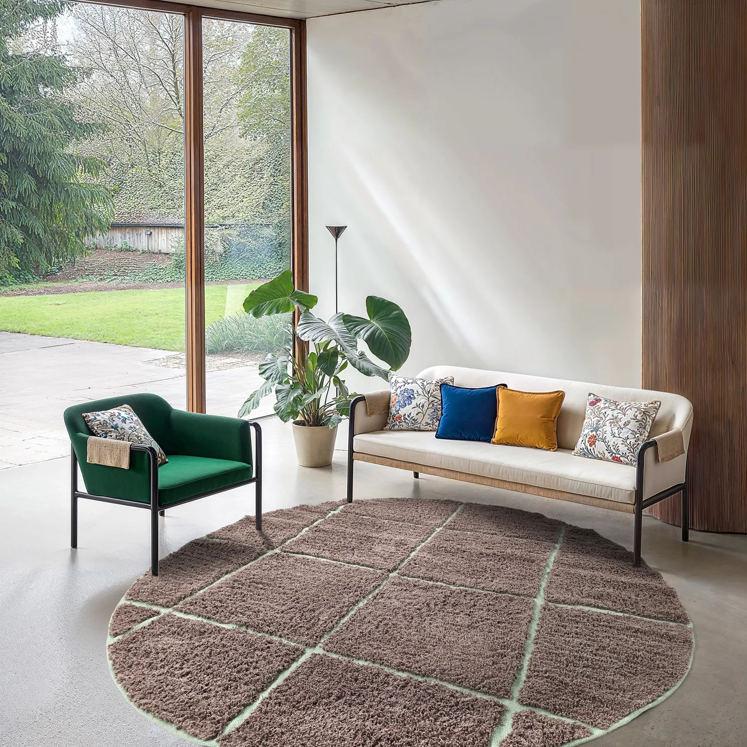 Tapis rond - Bellevue Natural Cotton Shaggy (taupe/vert)