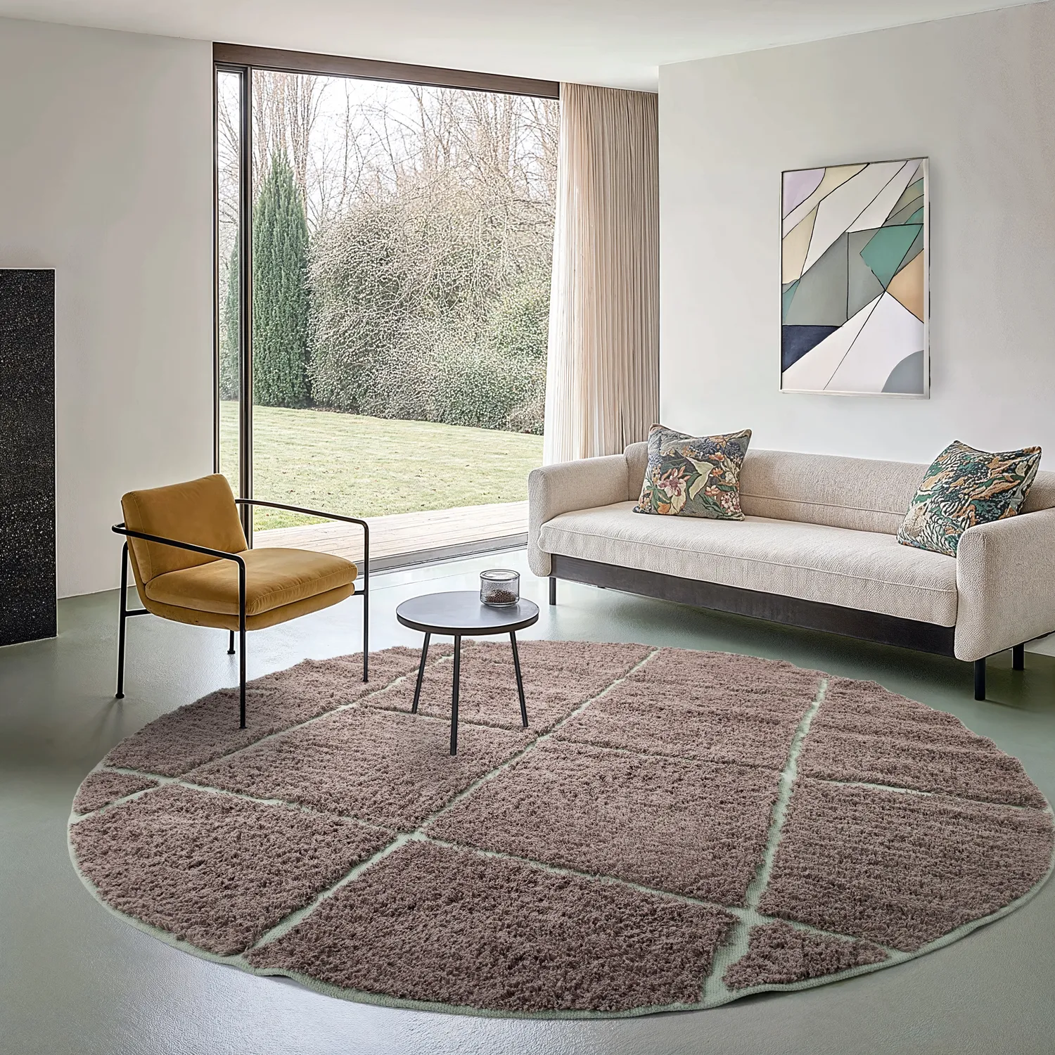 Tapis rond - Bellevue Natural Cotton Shaggy (taupe/vert)