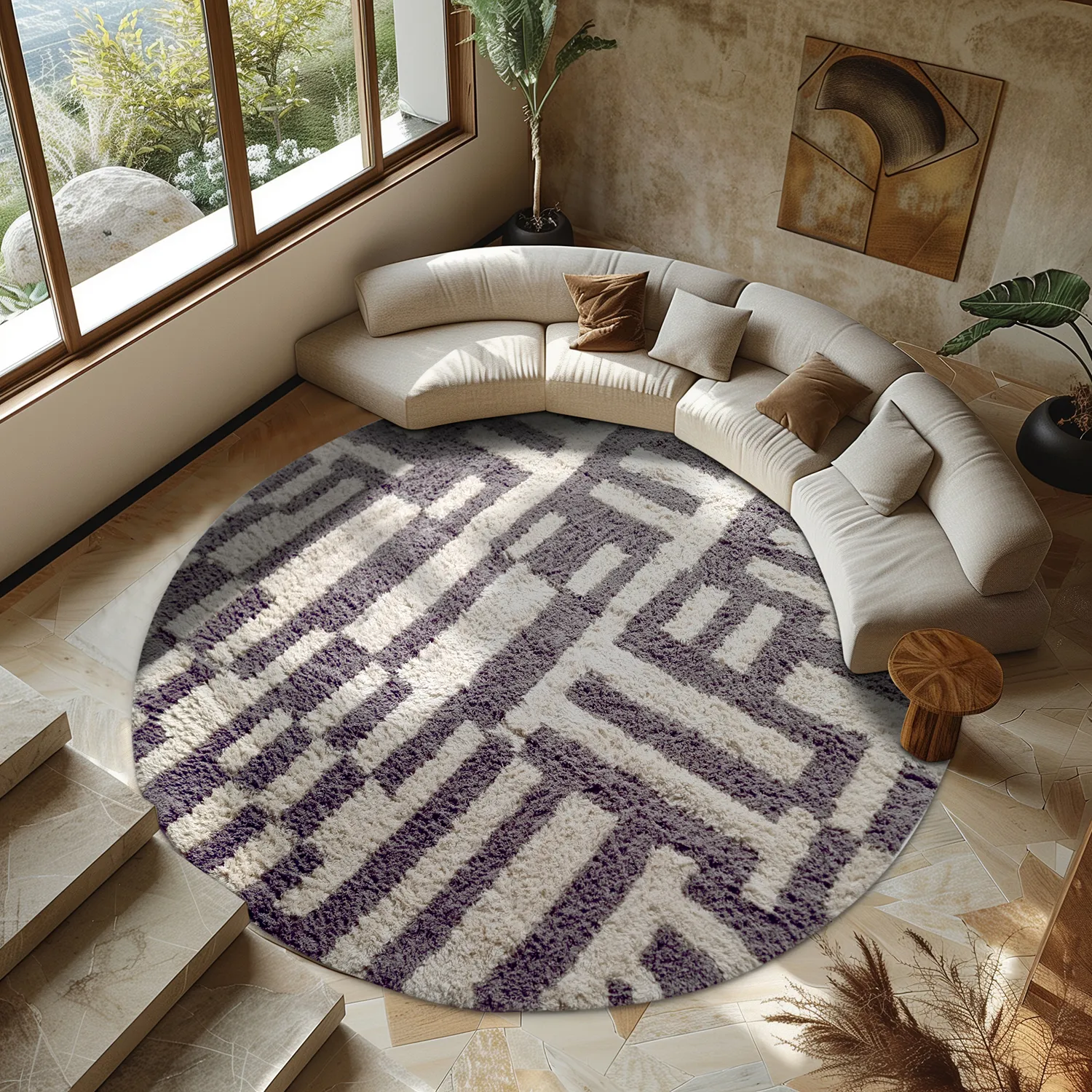 Tapis rond - Bergamo Natural Cotton Shaggy (gris/blanc)