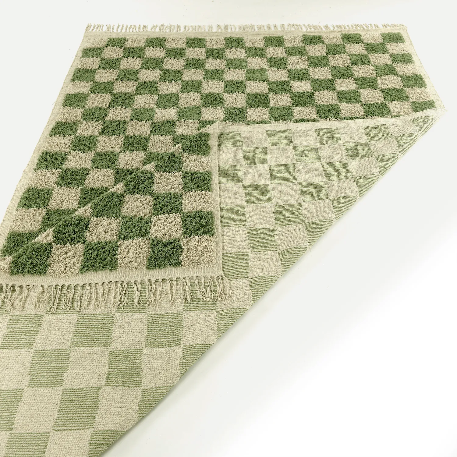 Tapis à poils longs - Elsey Natural Cotton Shaggy (vert/beige)