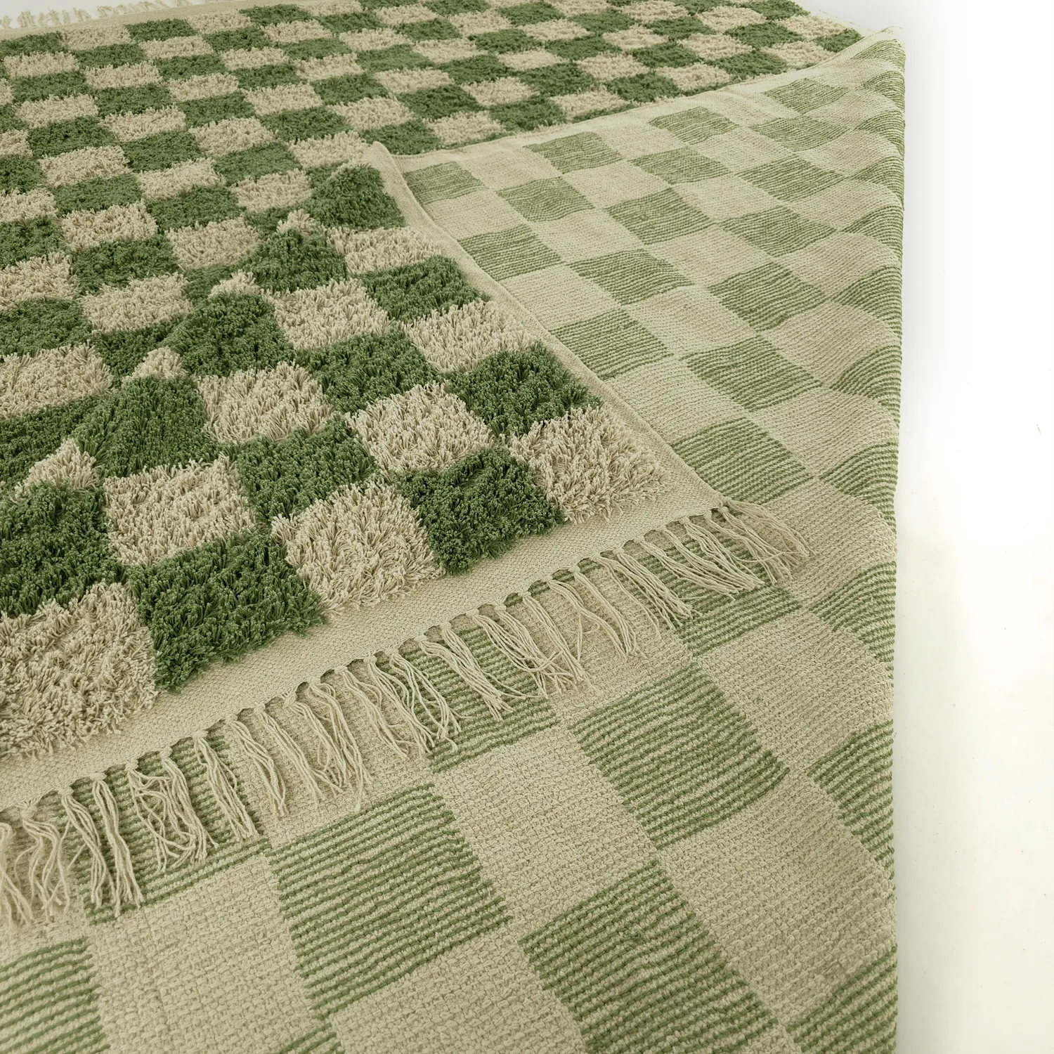 Tapis à poils longs - Elsey Natural Cotton Shaggy (vert/beige)