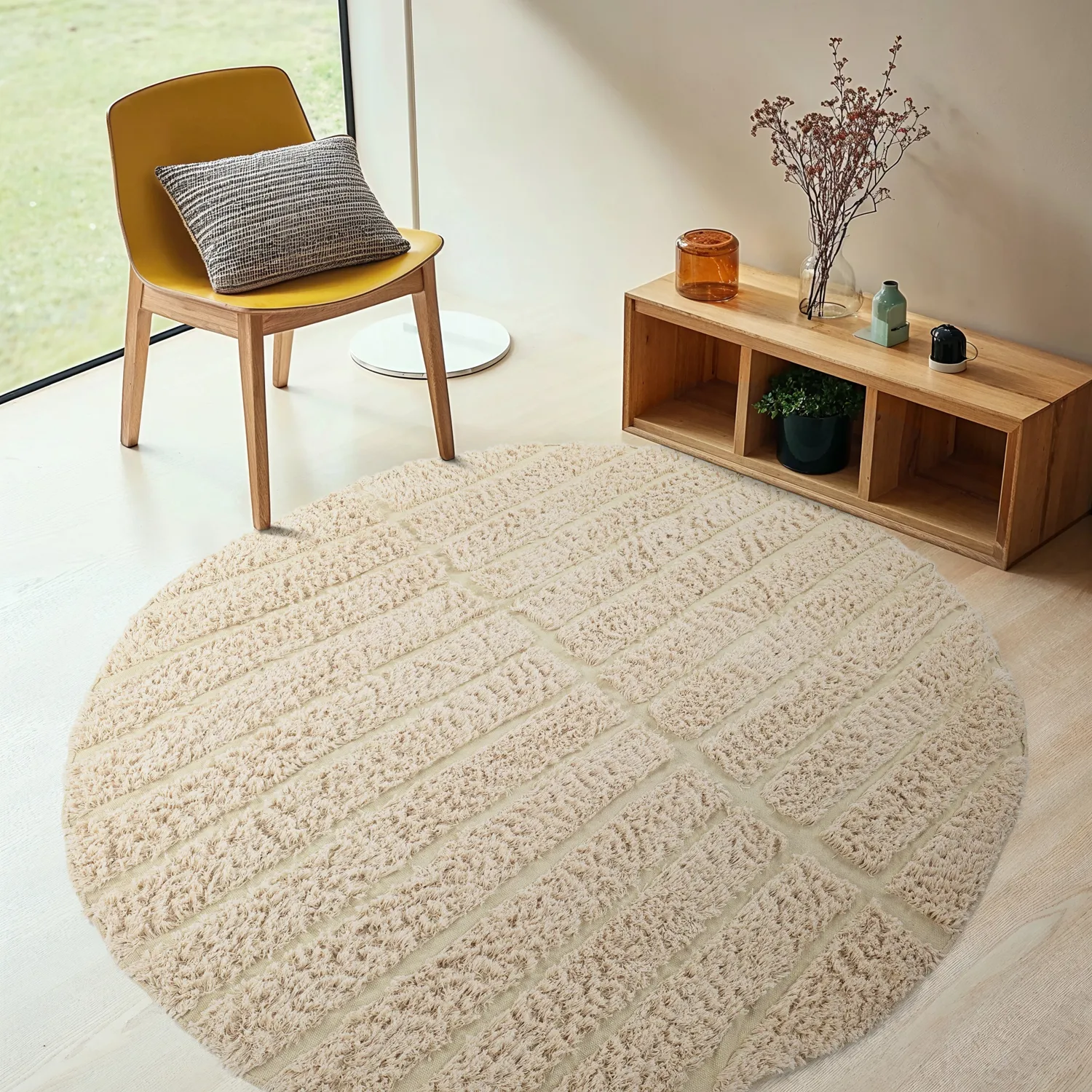 Tapis rond - Ikara Natural Cotton Shaggy (crème)