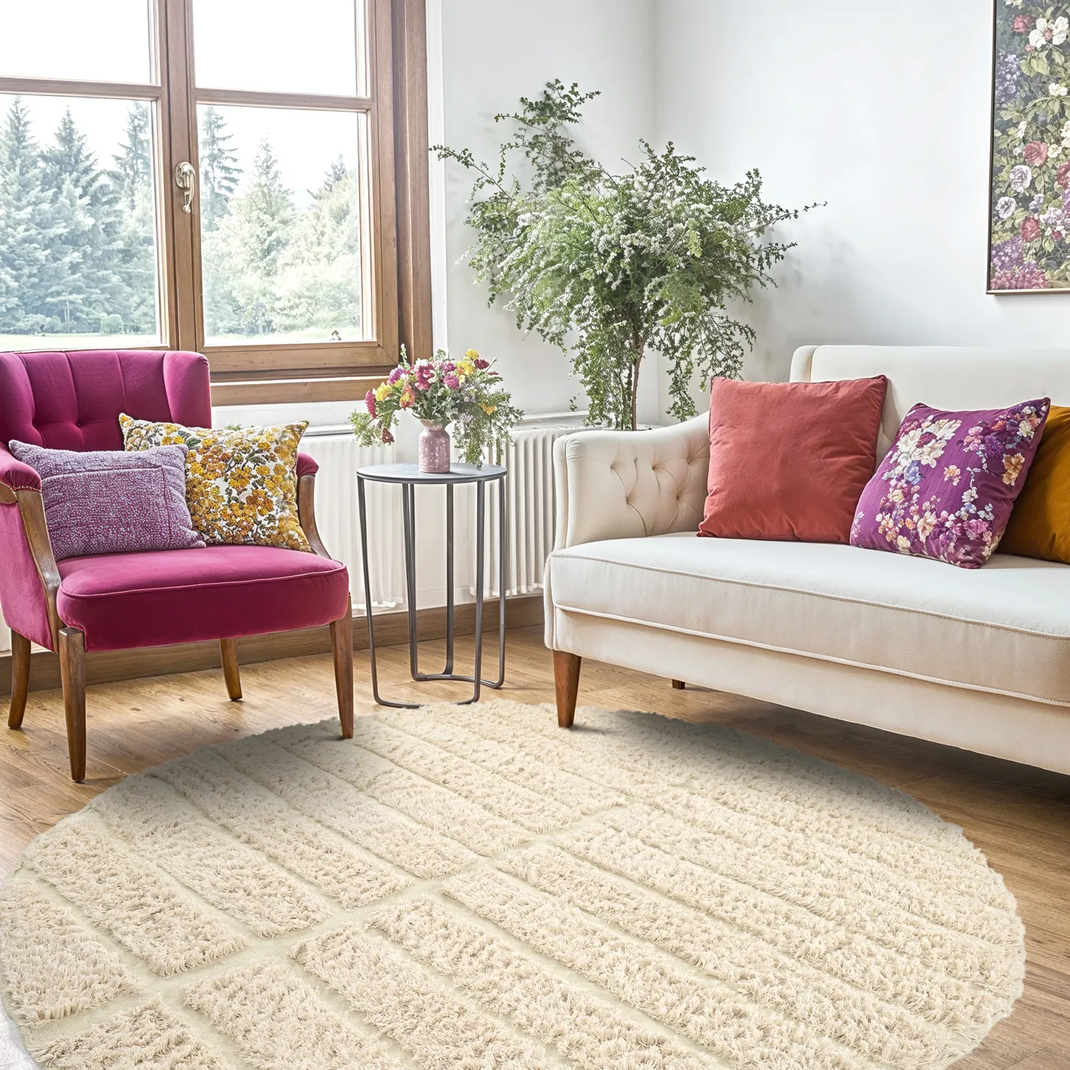 Tapis rond - Ikara Natural Cotton Shaggy (crème)