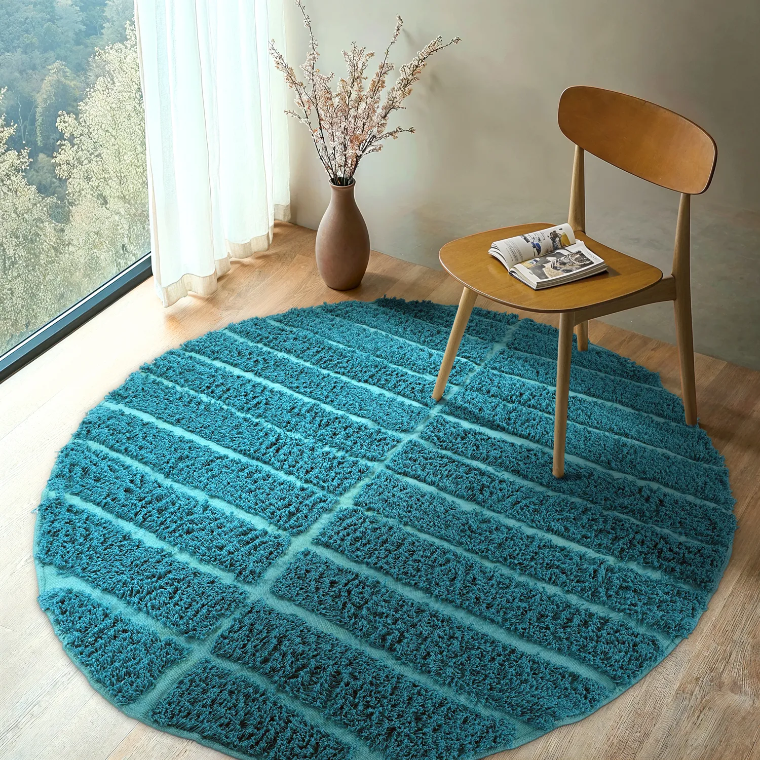 Tapis rond - Ikara Natural Cotton Shaggy (turquoise)