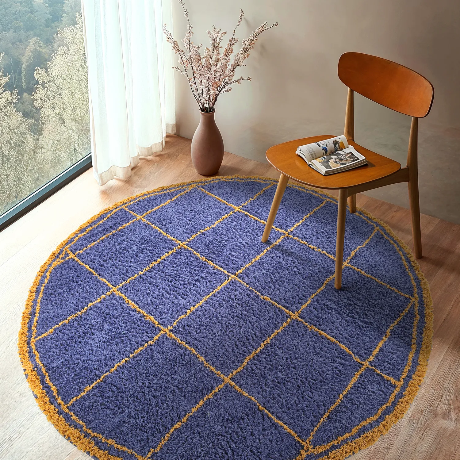 Tapis rond - Lana Natural Cotton Shaggy (bleu/jaune)
