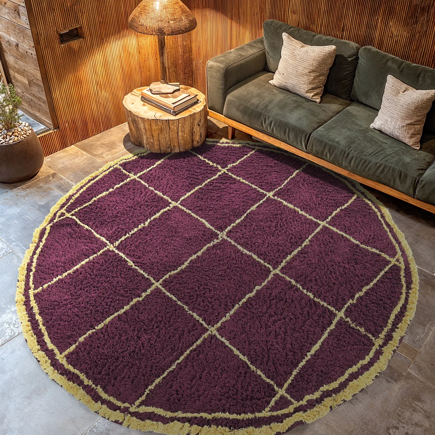 Tapis rond - Lana Natural Cotton Shaggy (bordeaux/jaune)