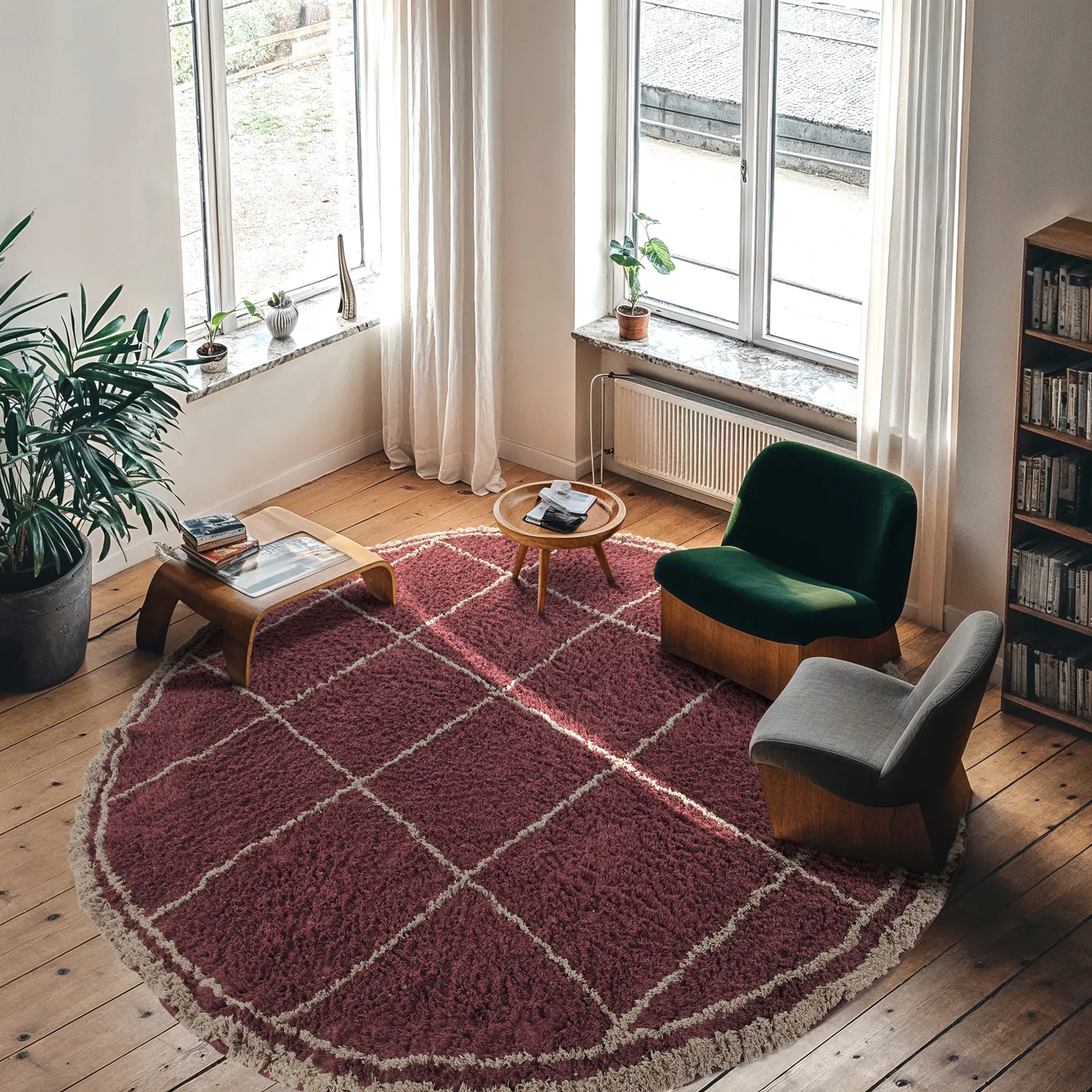 Tapis rond - Lana Natural Cotton Shaggy (taupe/rouge)