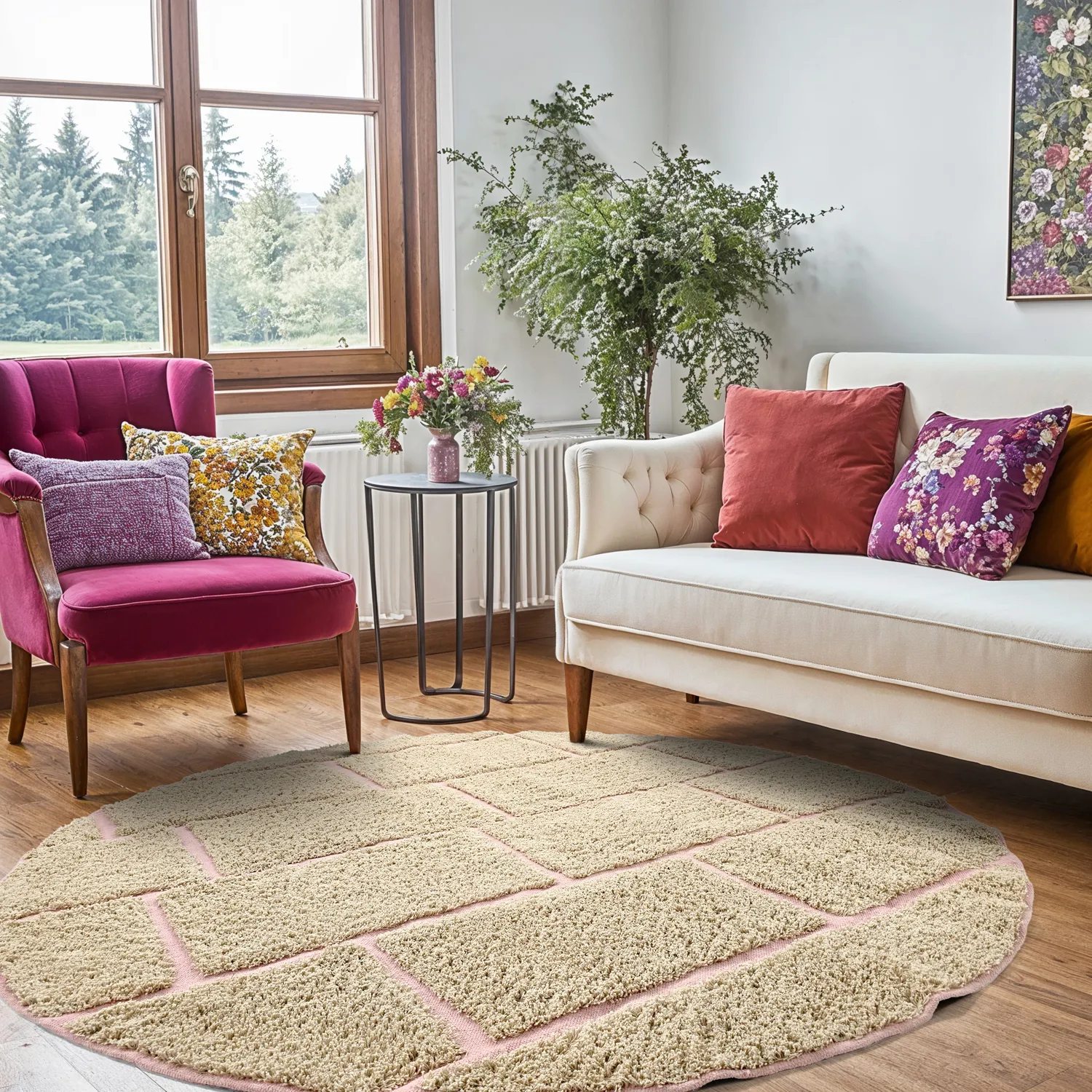 Tapis rond - Lindley Natural Cotton Shaggy (bež/roza)