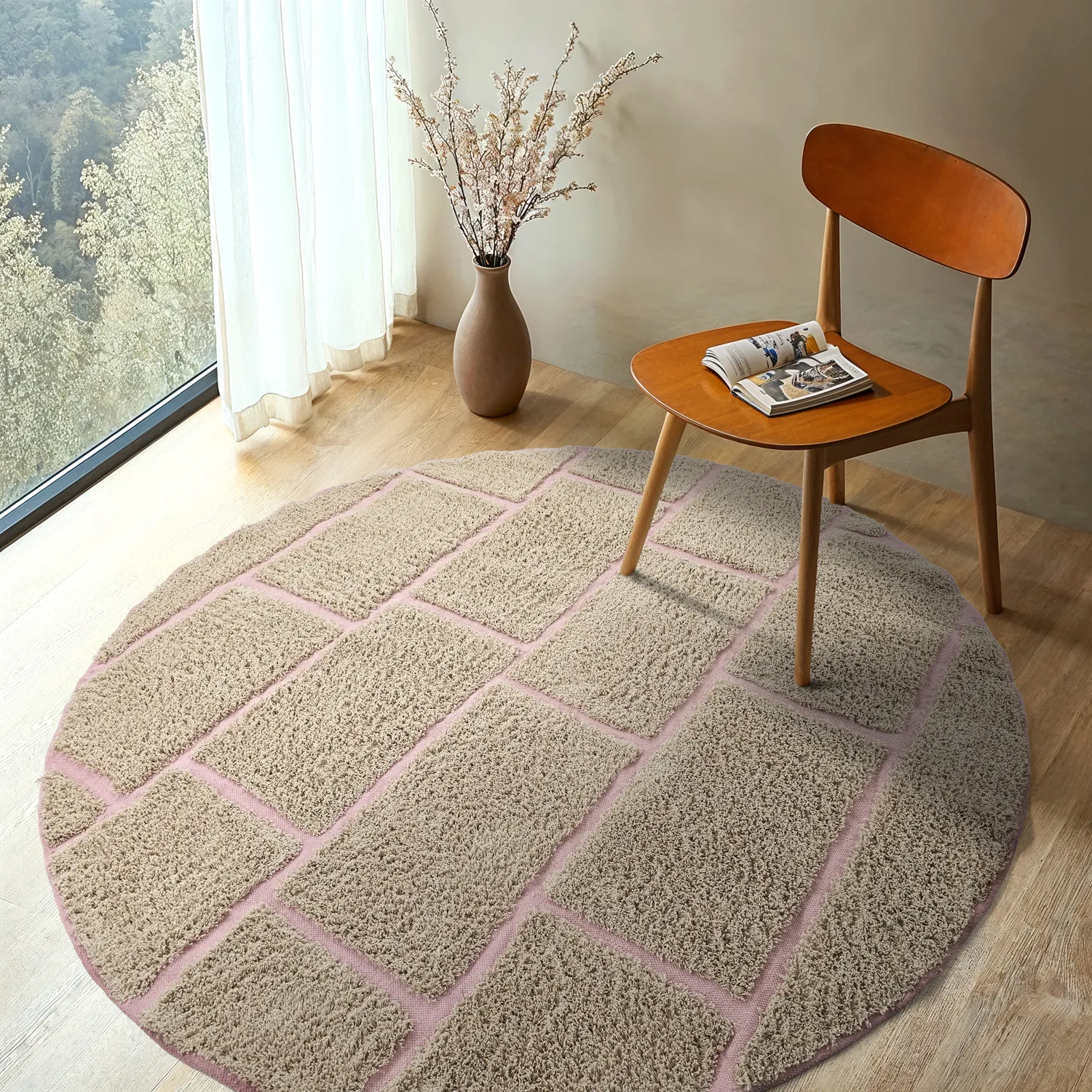 Tapis rond - Lindley Natural Cotton Shaggy (bež/roza)