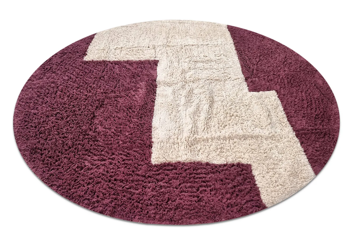 Tapis rond - Ricco Natural Cotton Shaggy (blanc cassé/bordeaux)