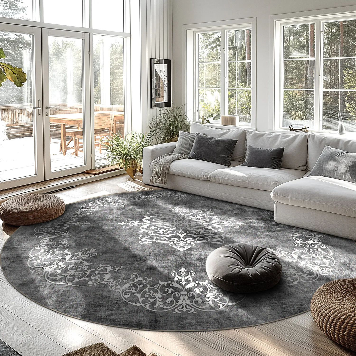 Tapis rond - Santi (gris foncé/blanc)