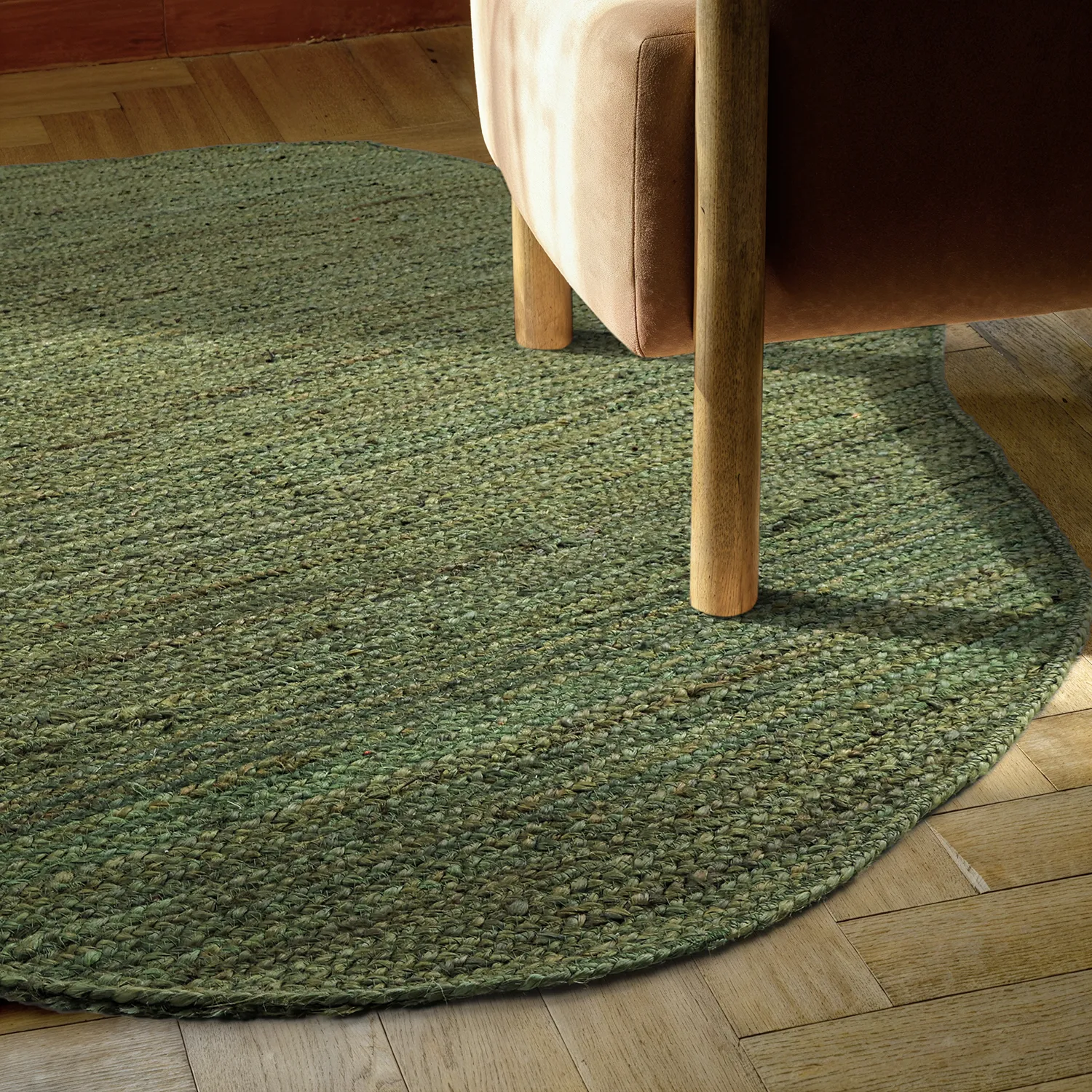 Tapis rond irrégulier en jute - San Francisco (vert militaire)