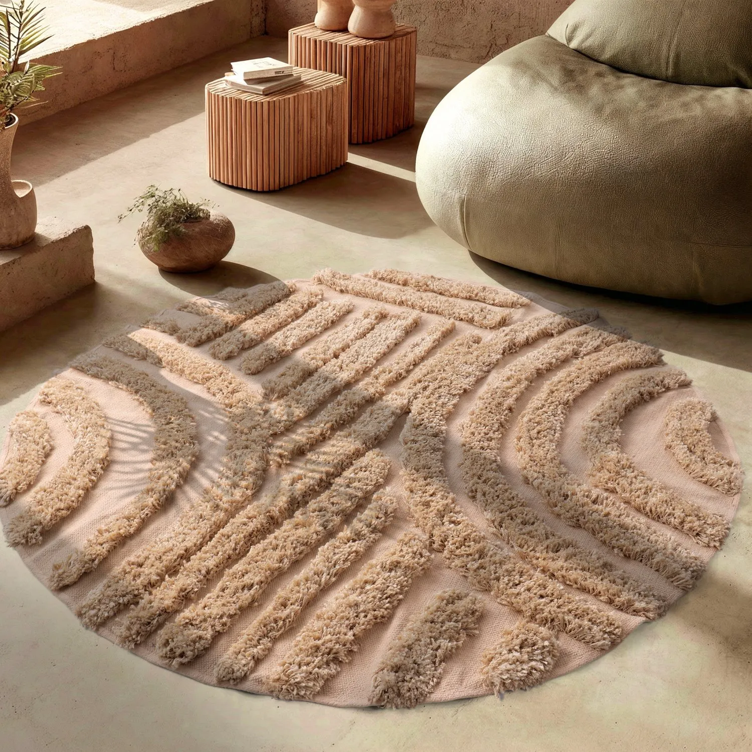 Tapis rond - Cazorla Natural Cotton Shaggy (beige)