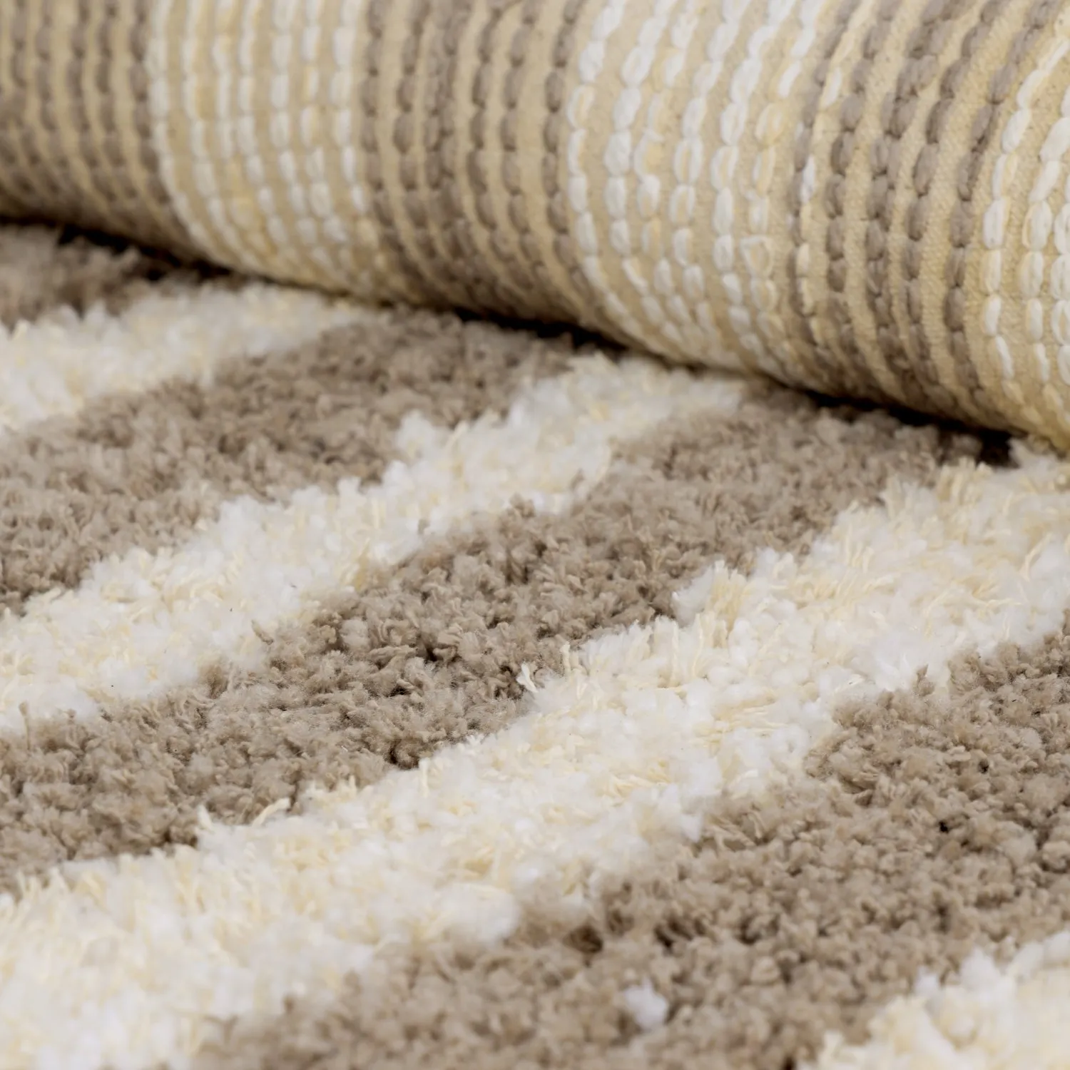 Tapis rond - Thira Stripe Cotton Shaggy (crème/taupe)