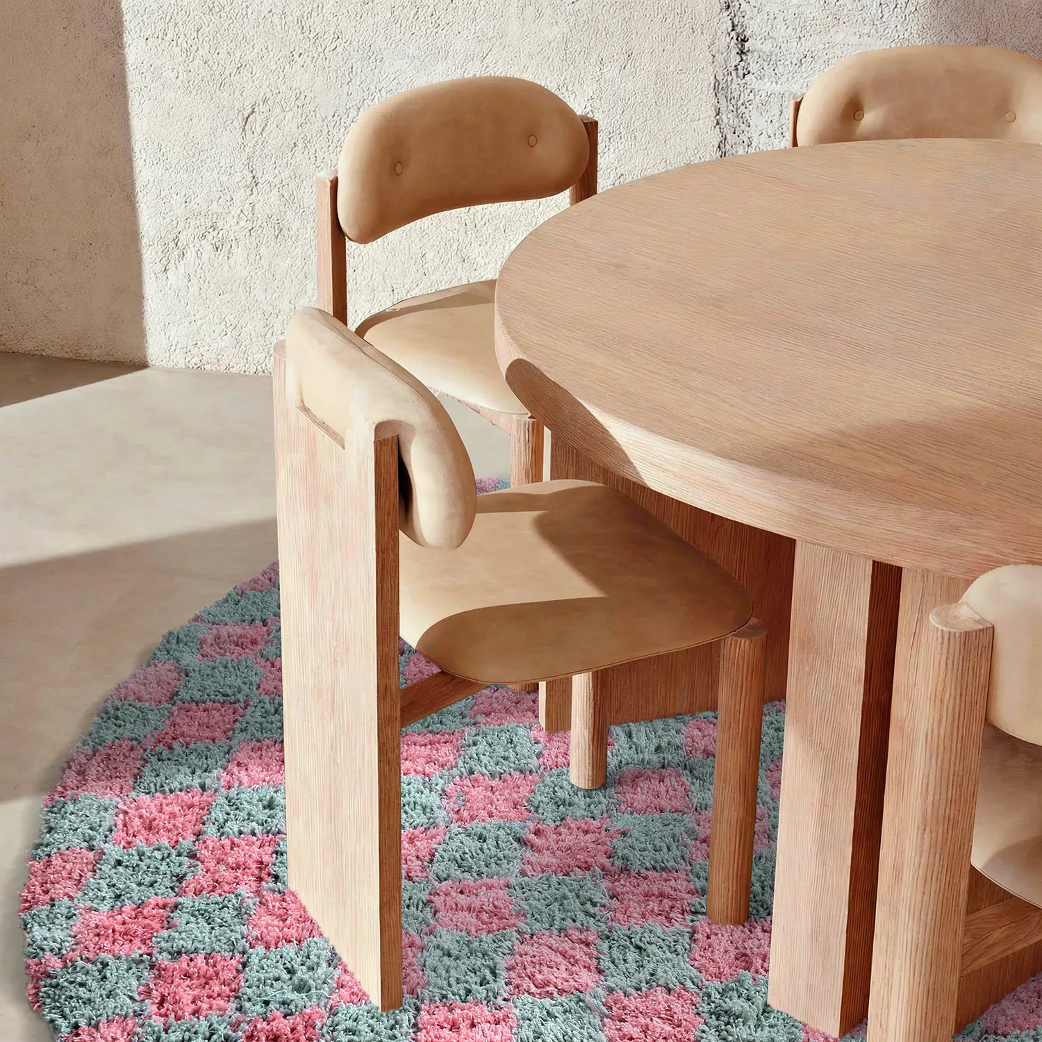 Tapis rond - Methoni Check Cotton Shaggy (bleu clair/rose clair)