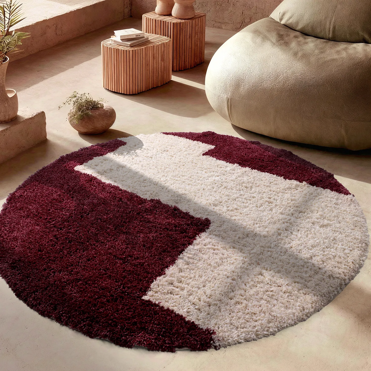 Tapis rond - Begur Natural Cotton Shaggy (blanc cassé/bordeaux)