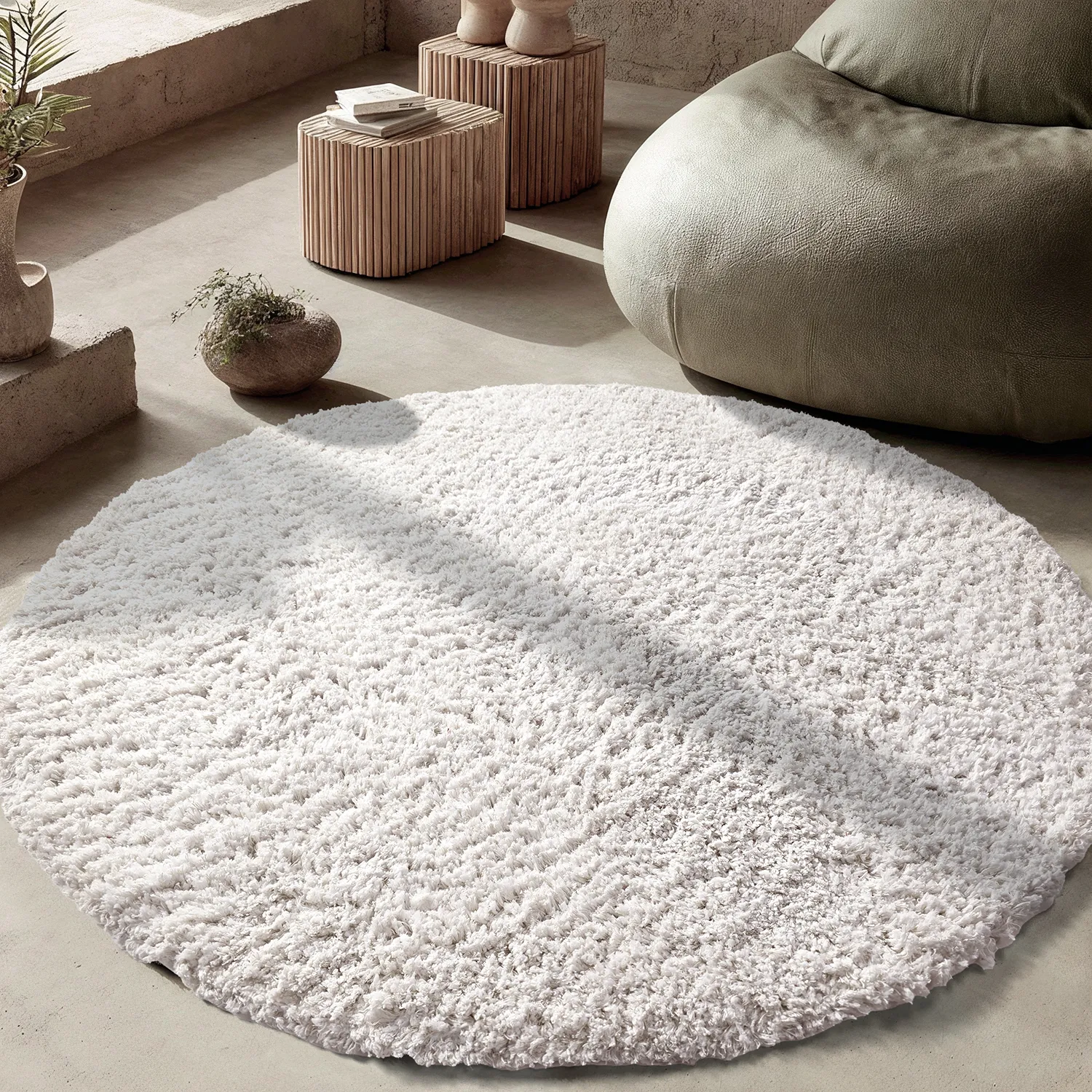 Tapis rond - Combarro Solid Cotton Shaggy (crème)