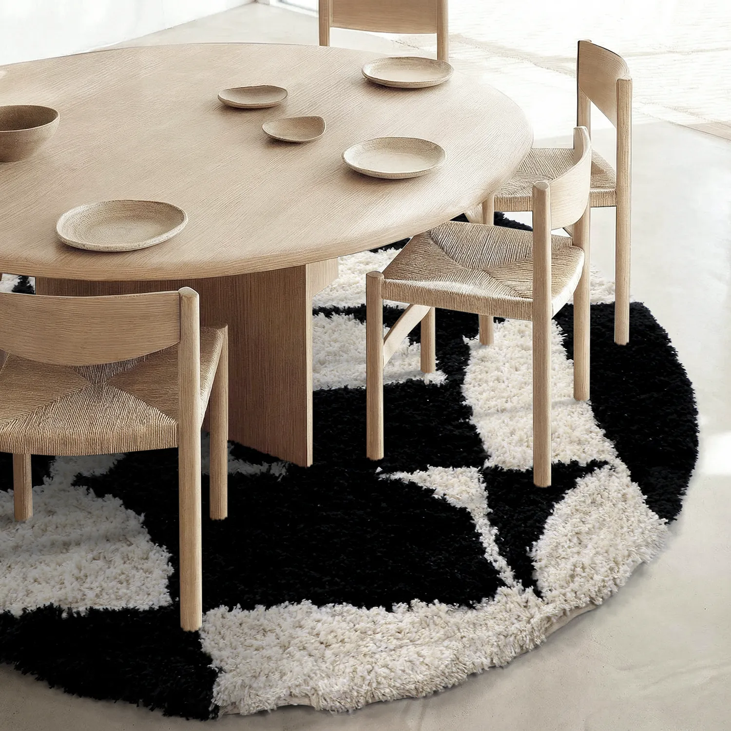 Tapis rond - Marvao Natural Cotton Shaggy (blanc cassé/noir)