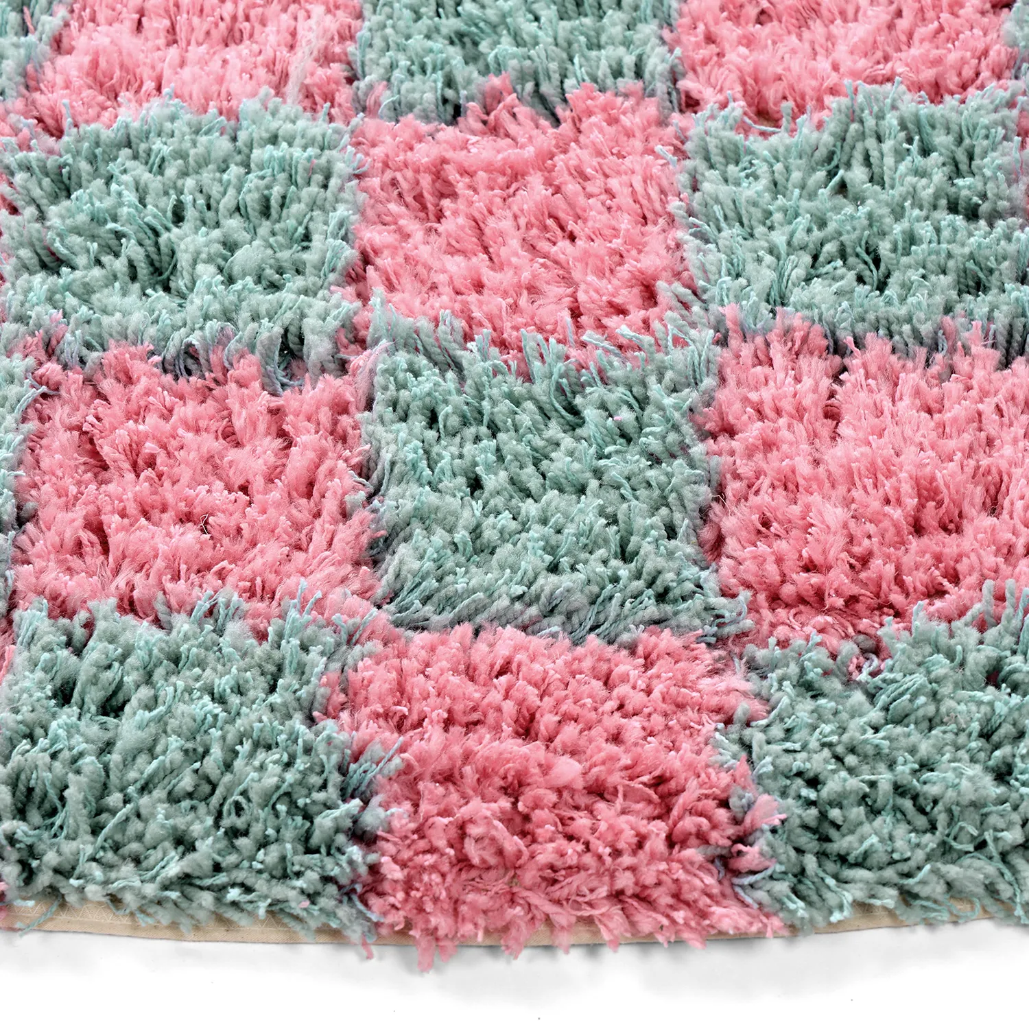 Tapis rond - Methoni Check Cotton Shaggy (bleu clair/rose clair)