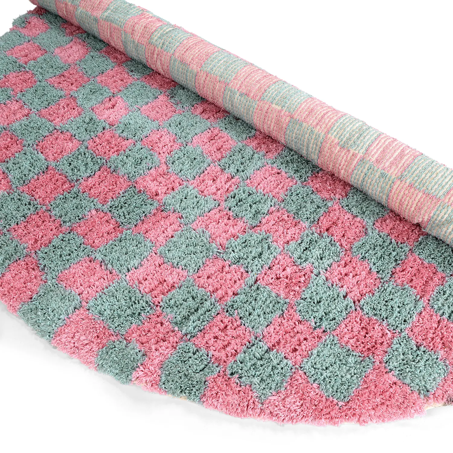 Tapis rond - Methoni Check Cotton Shaggy (bleu clair/rose clair)