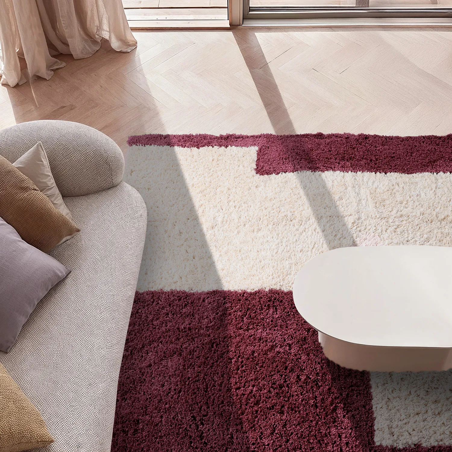 Tapis shaggy - Begur Natural Cotton Shaggy (blanc cassé/bordeaux)