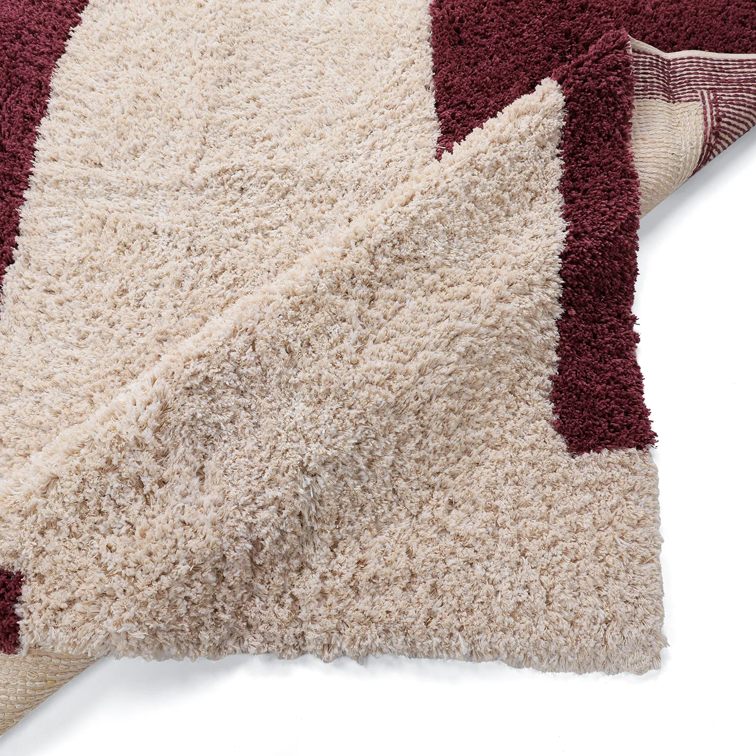 Tapis shaggy - Begur Natural Cotton Shaggy (blanc cassé/bordeaux)