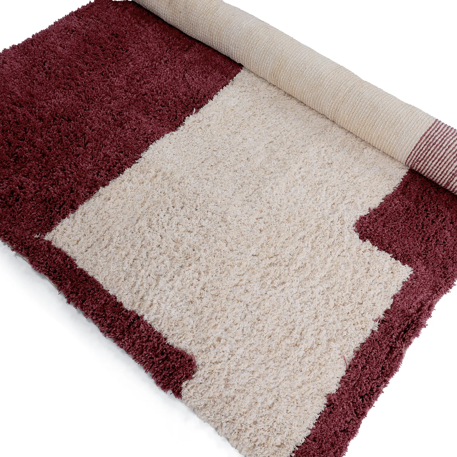 Tapis shaggy - Begur Natural Cotton Shaggy (blanc cassé/bordeaux)