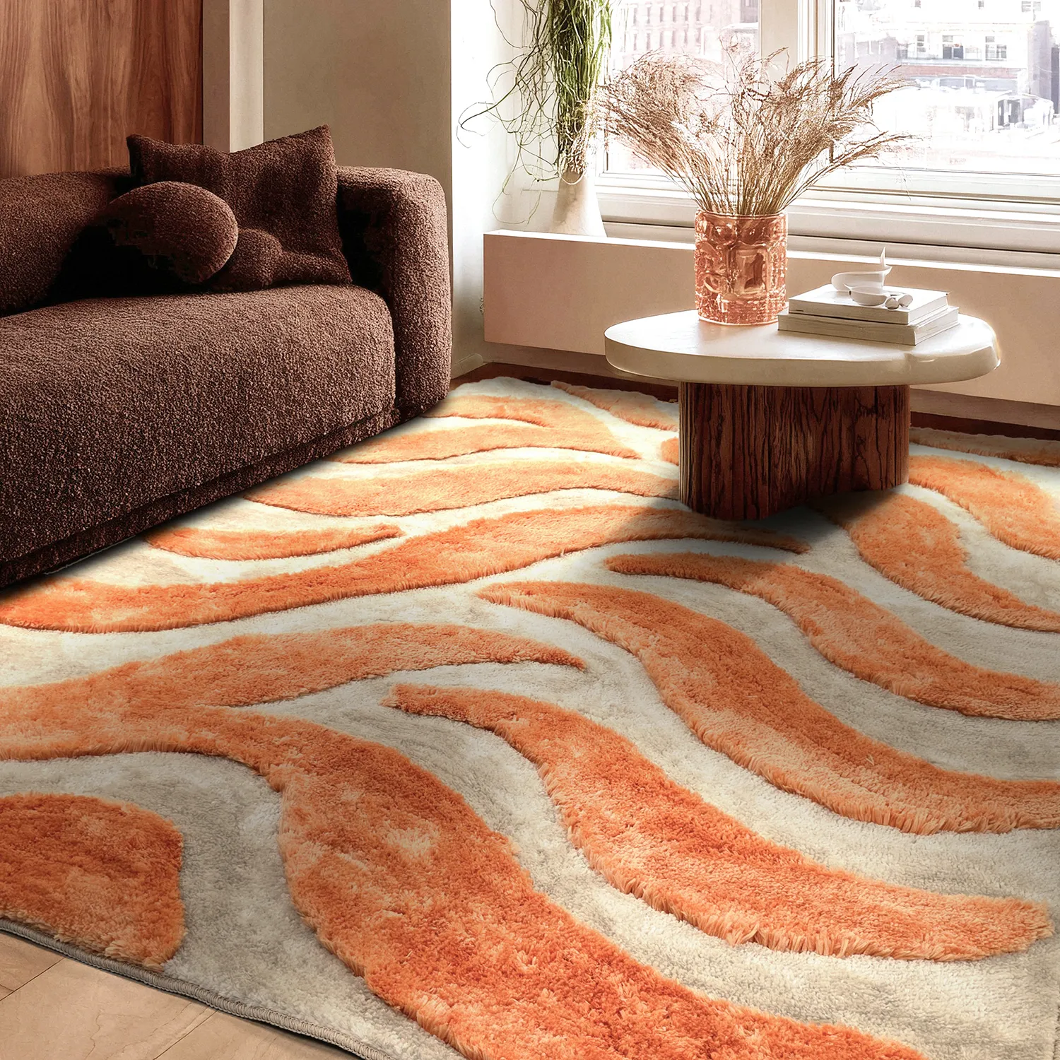 Tapis shaggy - Fergana (crème/orange)