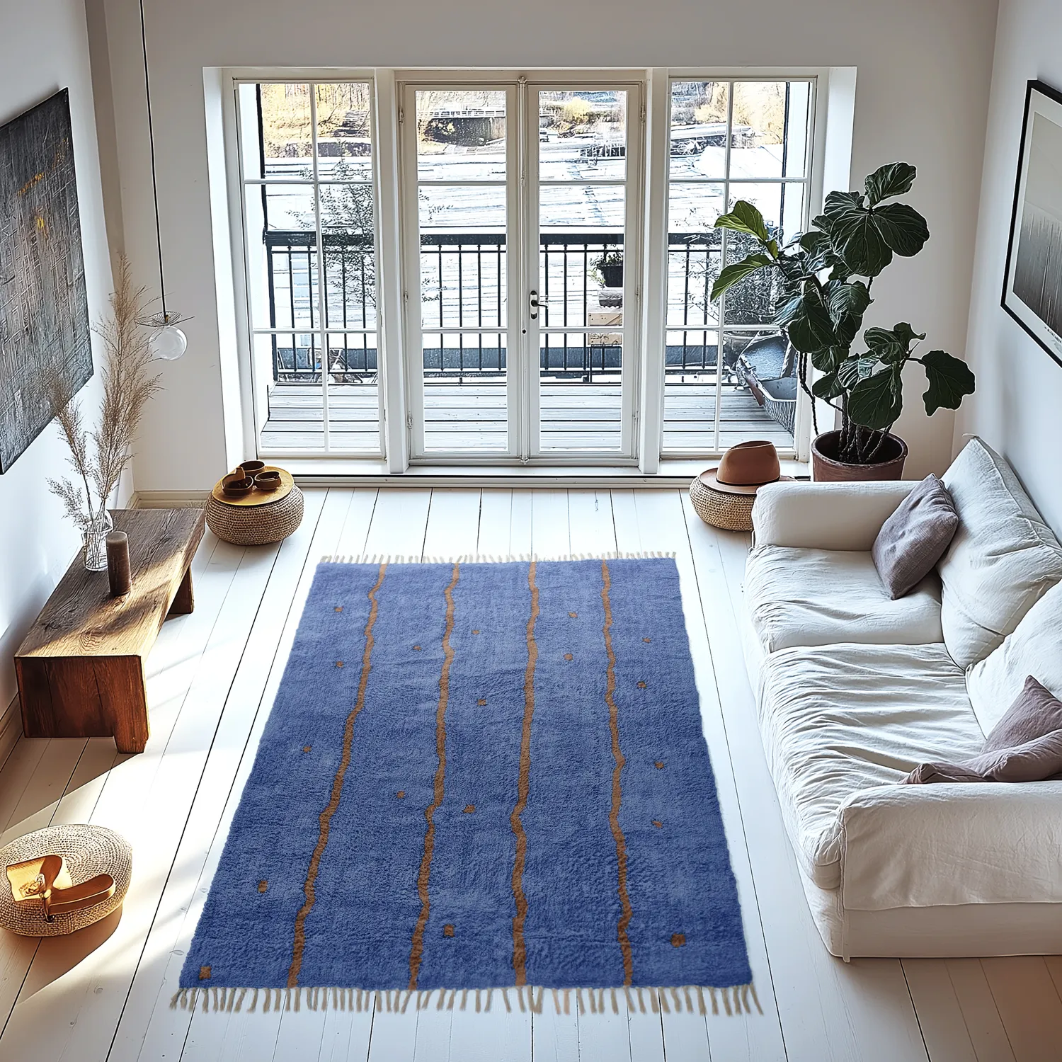Tapis à poils longs - Leora Natural Cotton Shaggy (bleu/marron)