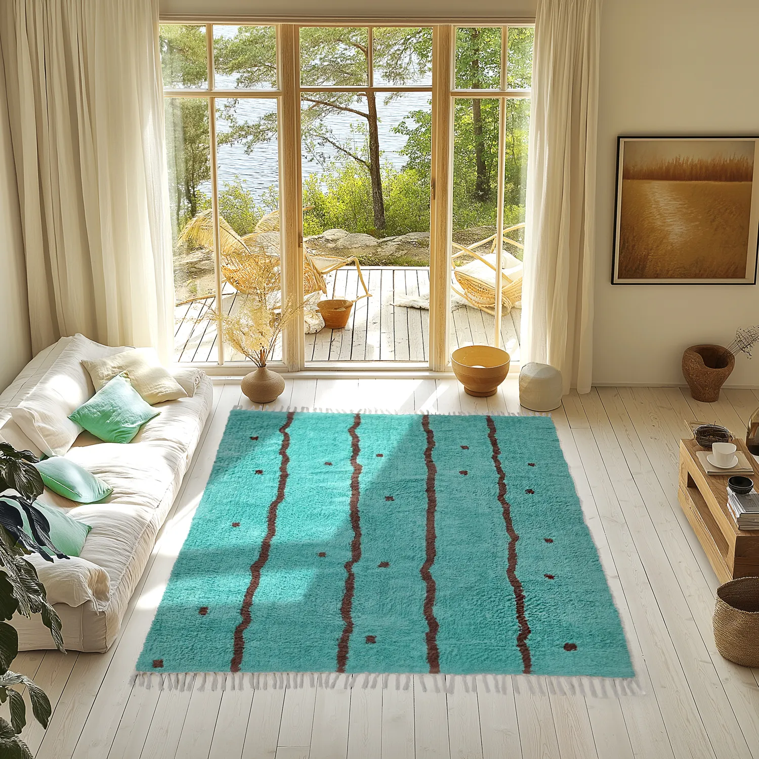 Tapis à poils longs - Leora Natural Cotton Shaggy (turquoise/marron)
