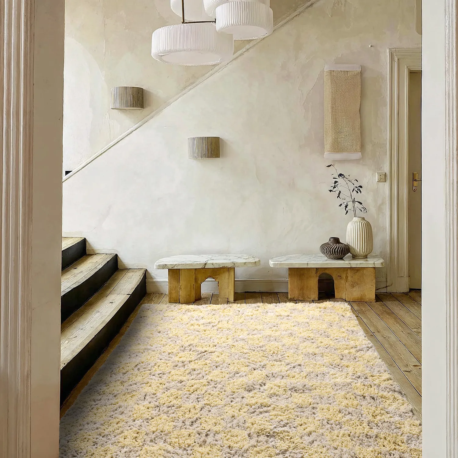 Tapis shaggy - Methoni Check Cotton Shaggy (crème/jaune clair)