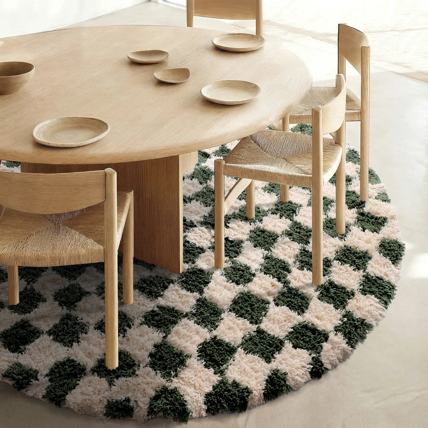 Tapis rond - Methoni Check Cotton Shaggy (crème/vert)