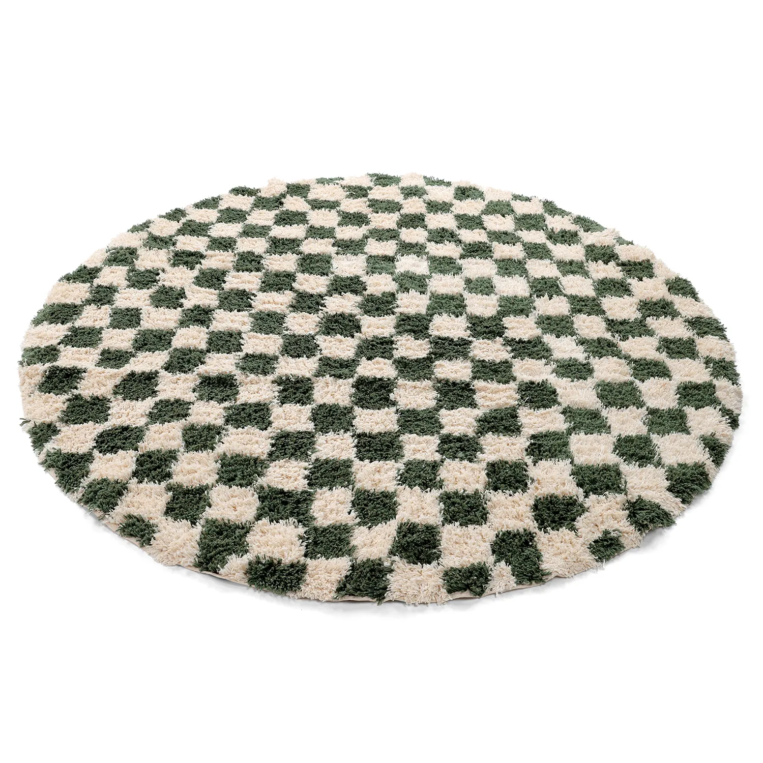 Tapis rond - Methoni Check Cotton Shaggy (crème/vert)