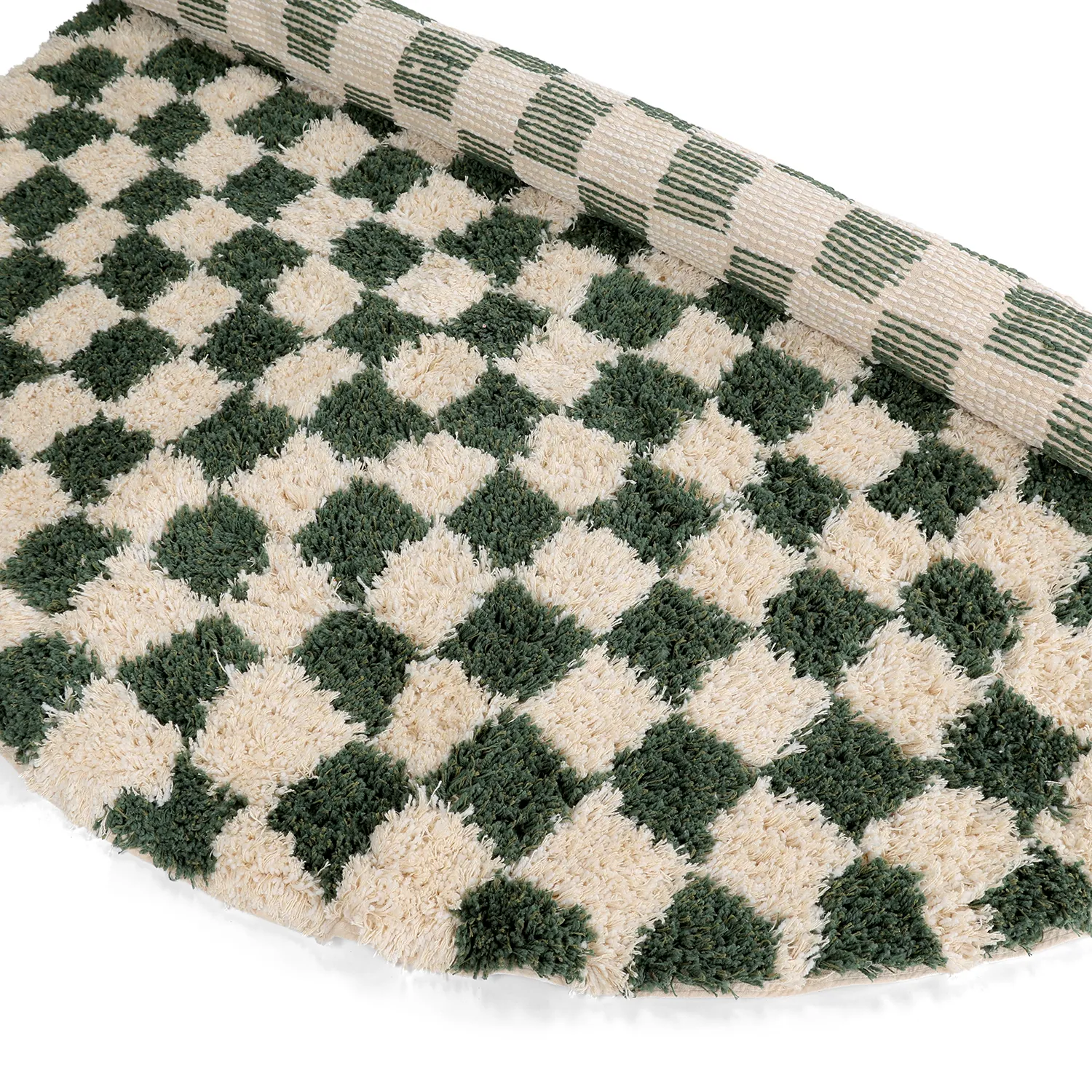 Tapis rond - Methoni Check Cotton Shaggy (crème/vert)