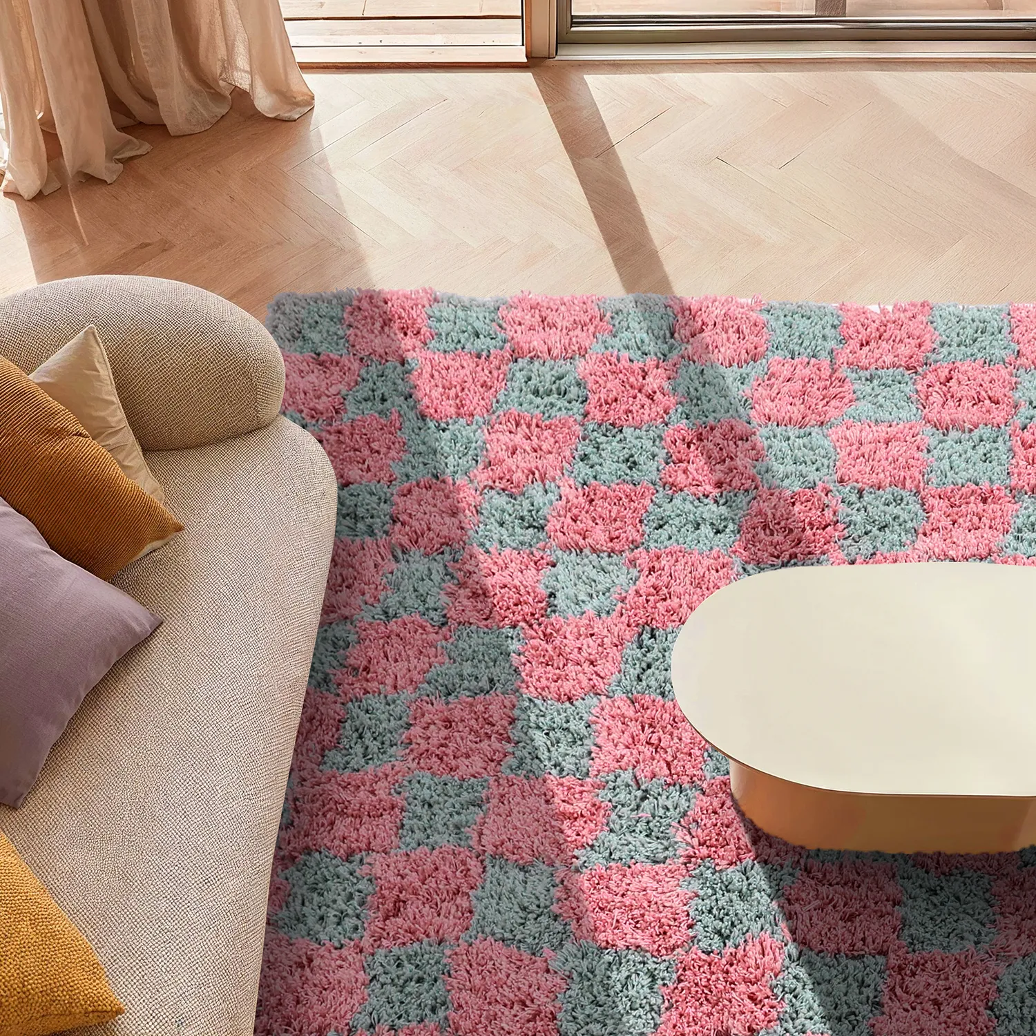 Tapis shaggy - Methoni Check Cotton Shaggy (bleu clair/rose clair)