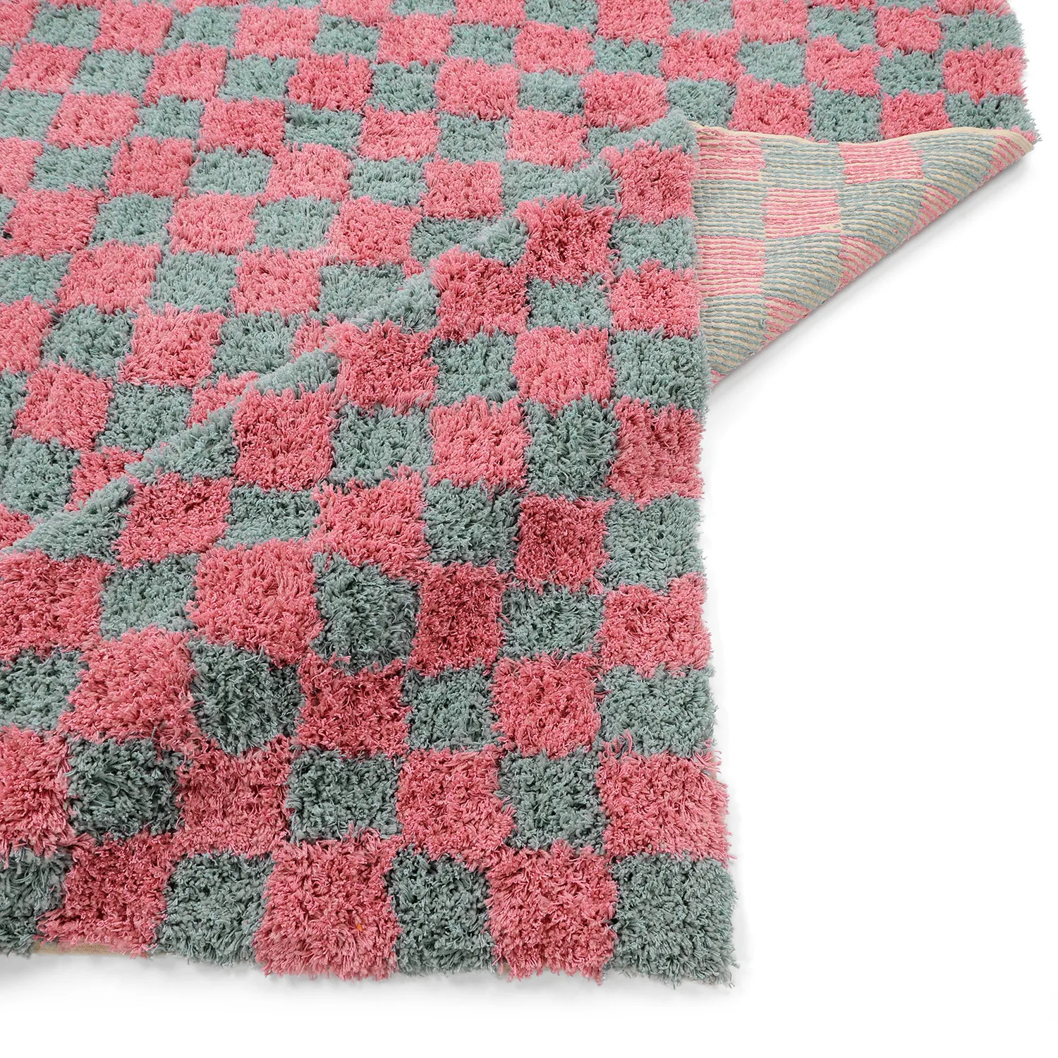 Tapis shaggy - Methoni Check Cotton Shaggy (bleu clair/rose clair)