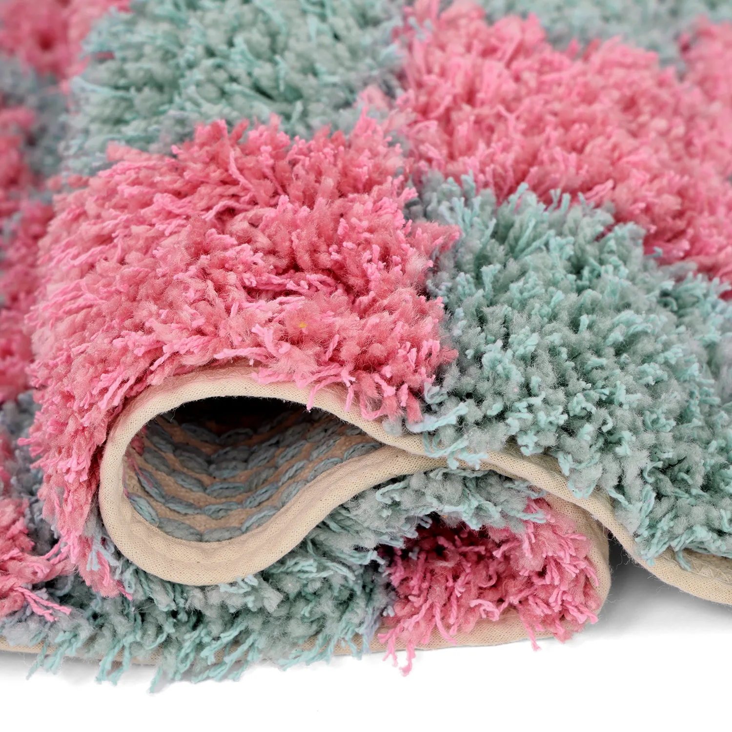 Tapis shaggy - Methoni Check Cotton Shaggy (bleu clair/rose clair)