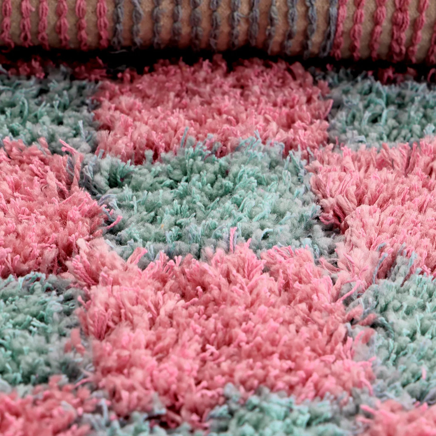 Tapis shaggy - Methoni Check Cotton Shaggy (bleu clair/rose clair)