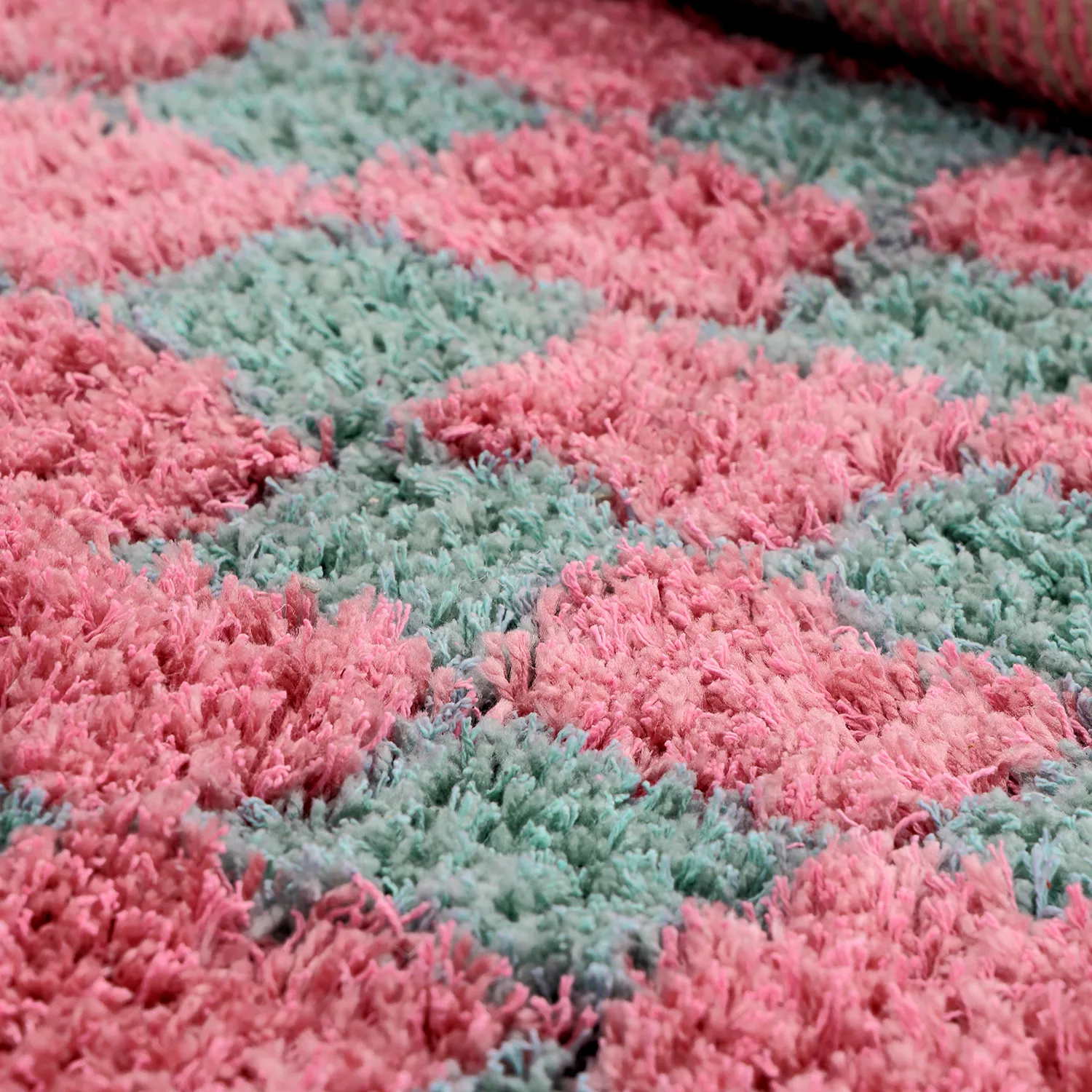Tapis shaggy - Methoni Check Cotton Shaggy (bleu clair/rose clair)